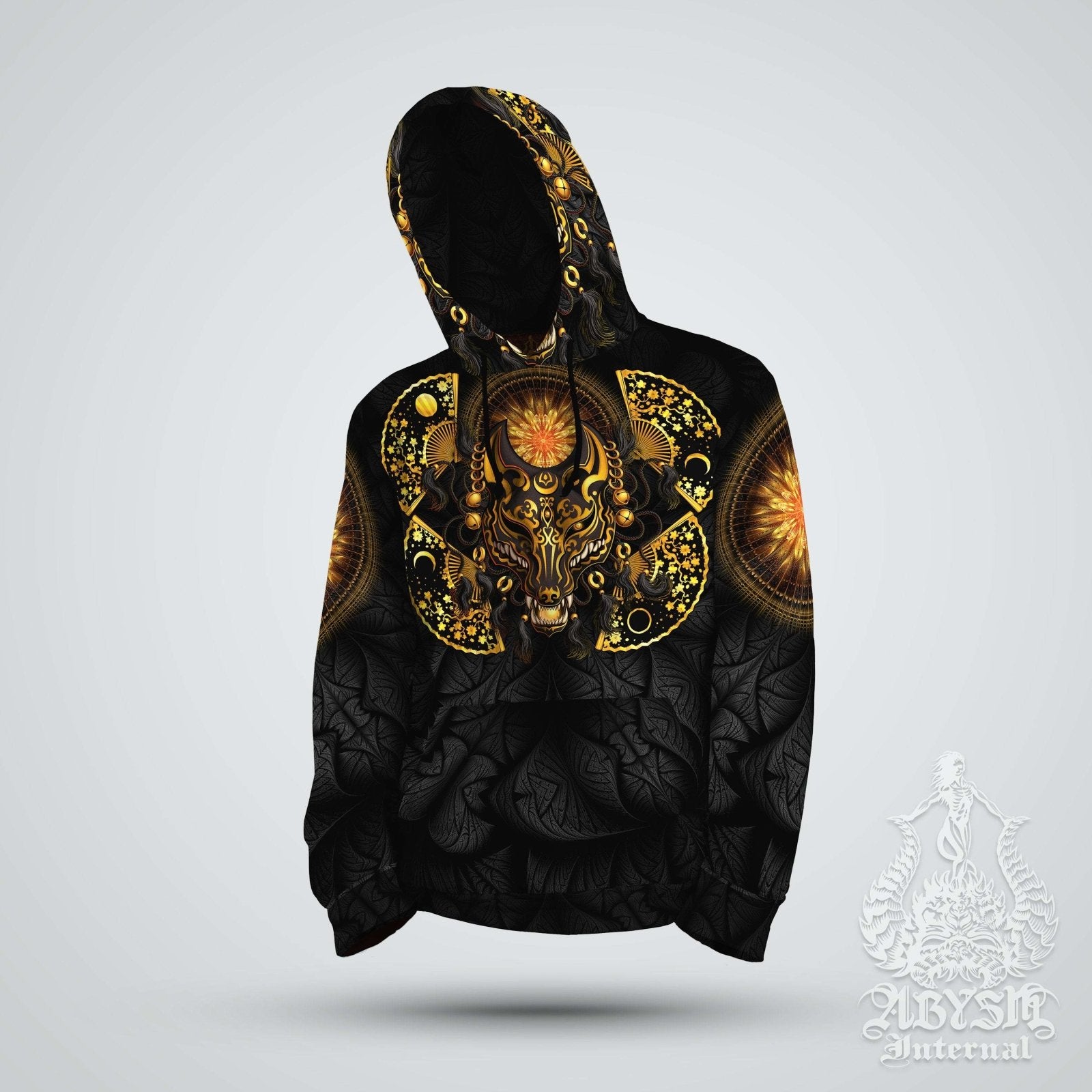Anime Hoodie, Street Outfit, Japanese Streetwear, Gamer Apparel, Alternative Clothing, Unisex - Fox or Kitsune Mask, Black and Gold - Abysm Internal