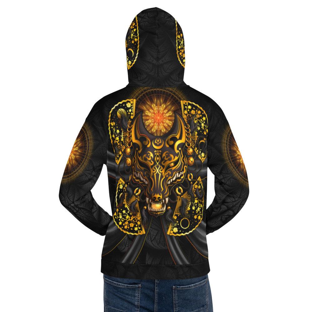 Anime Hoodie, Street Outfit, Japanese Streetwear, Gamer Apparel, Alternative Clothing, Unisex - Fox or Kitsune Mask, Black and Gold - Abysm Internal