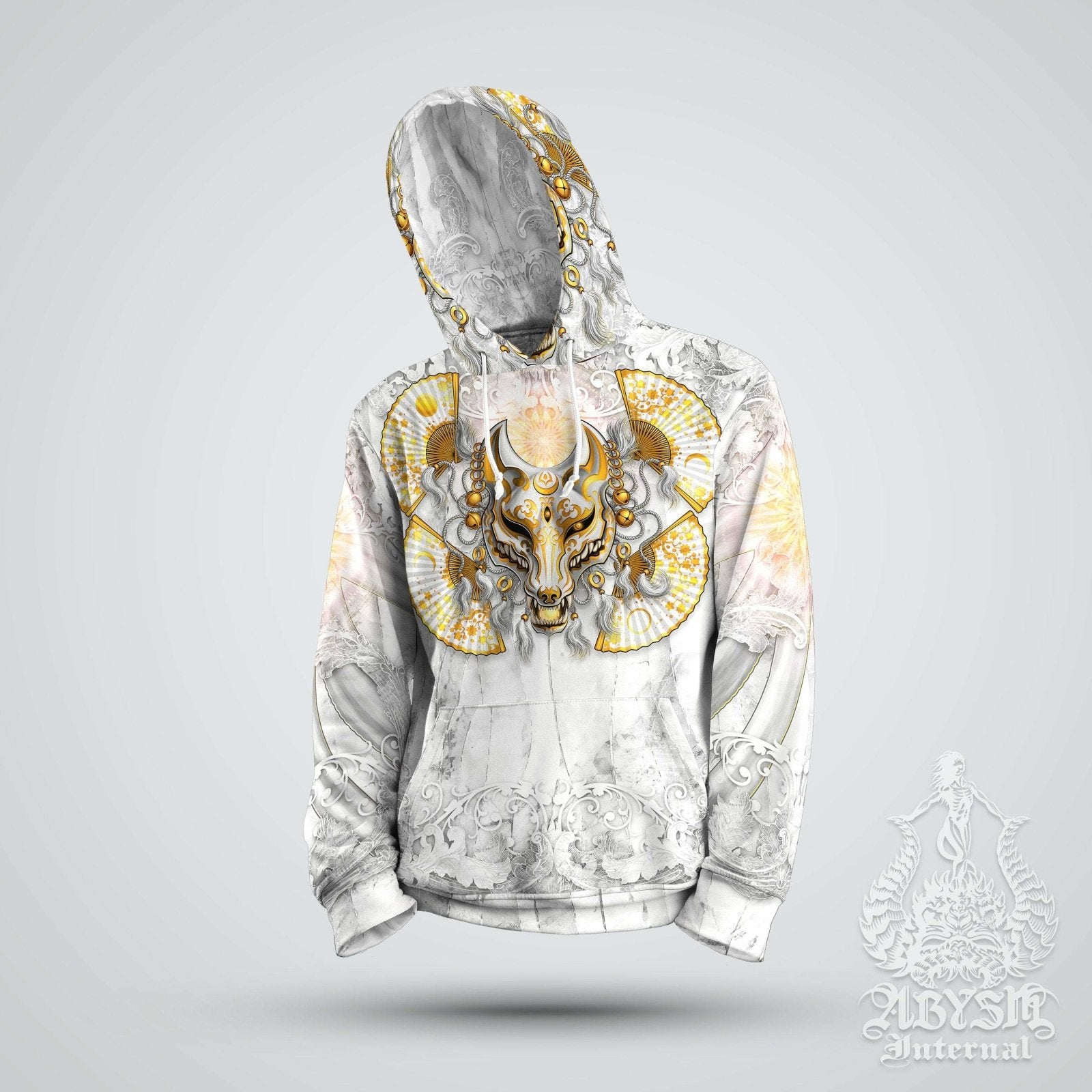 Anime Hoodie, Street Outfit, Japanese Streetwear, Gamer Apparel, Alternative Clothing, Unisex - Fox or Kitsune Mask, Gold and White - Abysm Internal