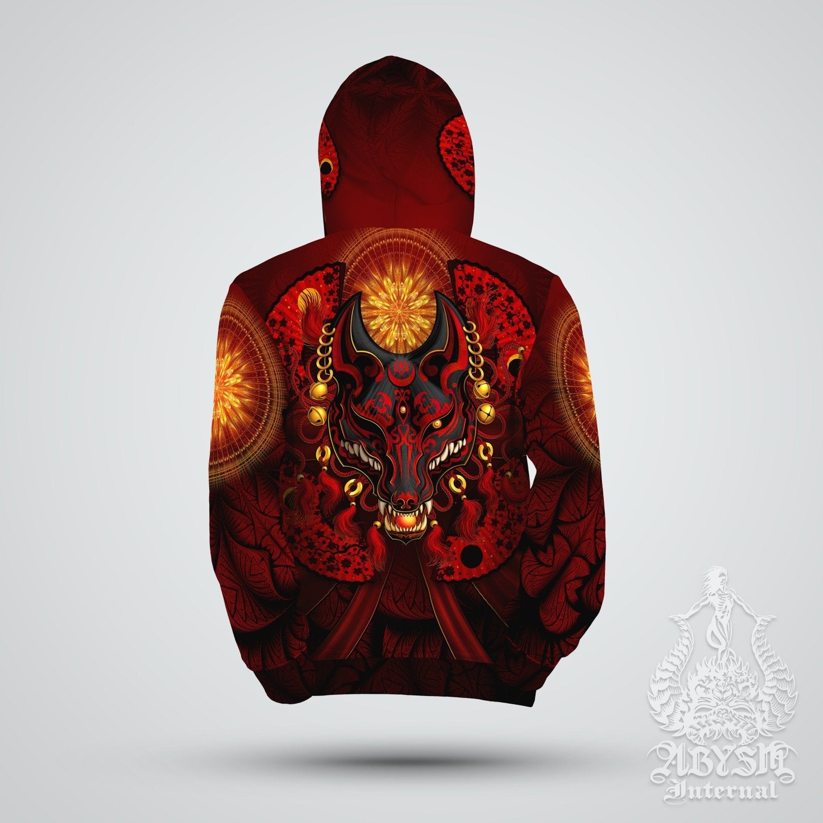 Anime Hoodie, Street Outfit, Japanese Streetwear, Gamer Apparel, Alternative Clothing, Unisex - Fox or Kitsune Mask, Red and Black - Abysm Internal