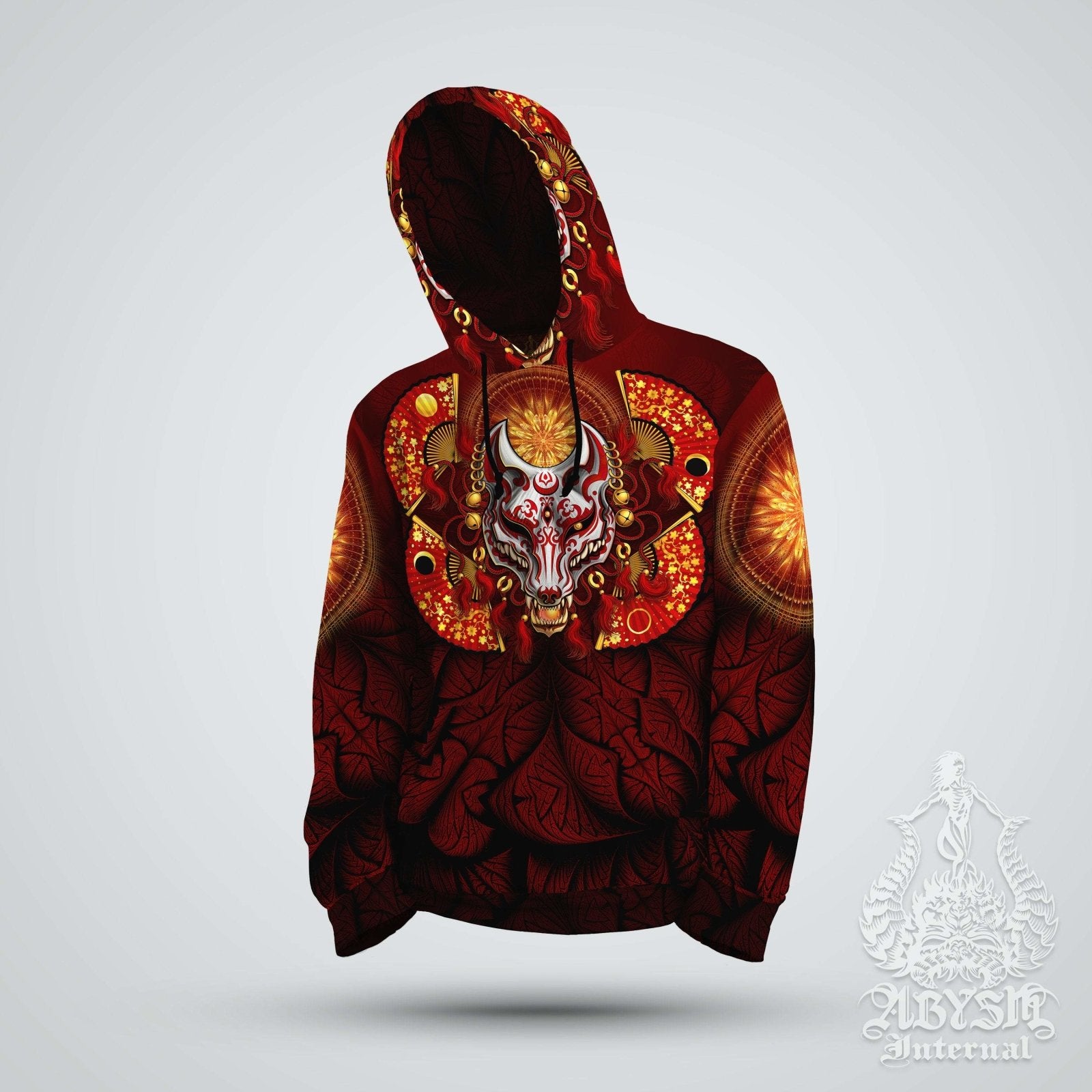 Anime Hoodie, Street Outfit, Japanese Streetwear, Gamer Apparel, Alternative Clothing, Unisex - Fox or Kitsune Mask, Red and White - Abysm Internal