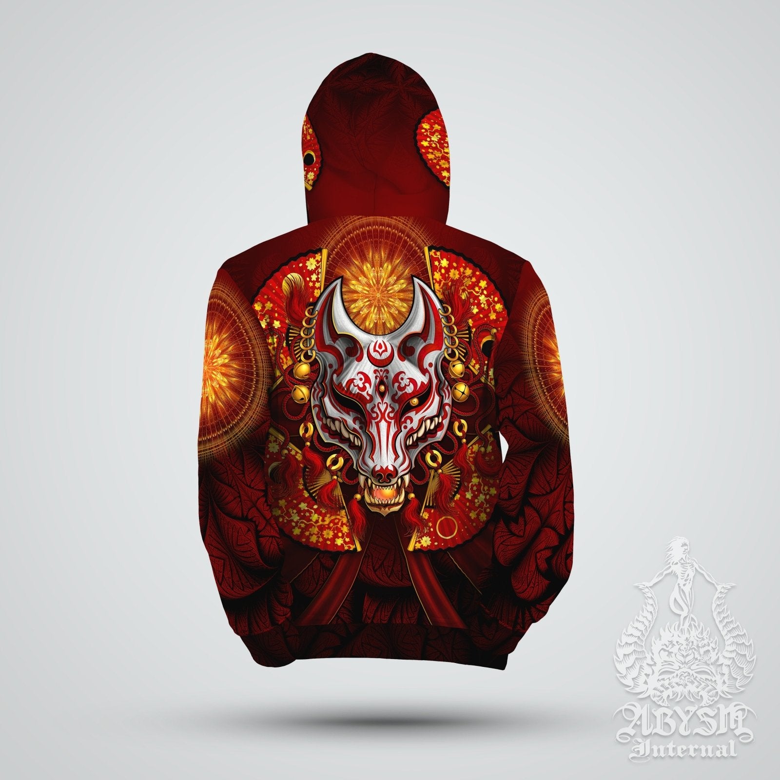 Anime Hoodie, Street Outfit, Japanese Streetwear, Gamer Apparel, Alternative Clothing, Unisex - Fox or Kitsune Mask, Red and White - Abysm Internal