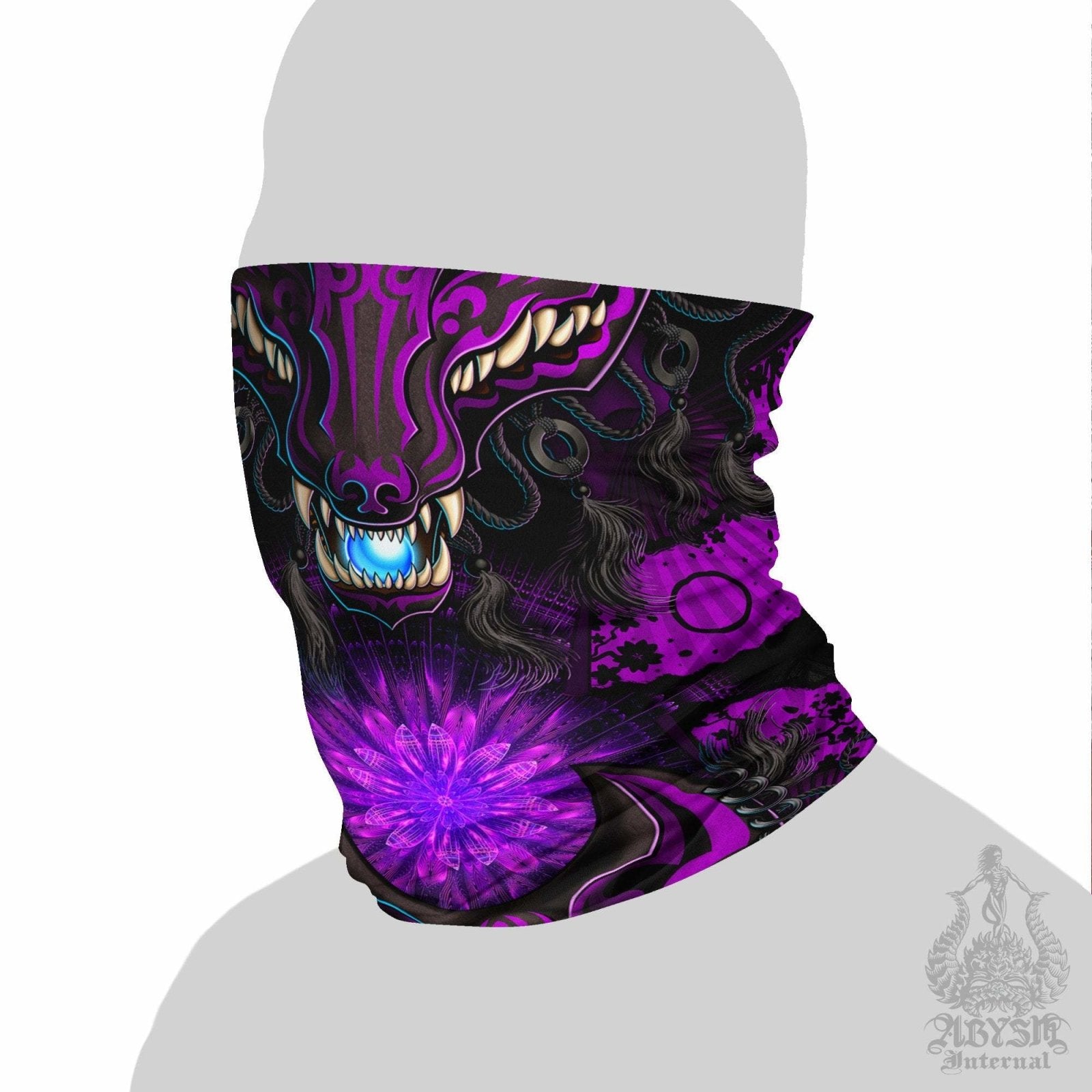 Anime Neck Gaiter, Face Mask, Head Covering, Kitsune, Japanese, Fox, Okami, Gamer Gift - Pastel Goth, Black & Purple - Abysm Internal