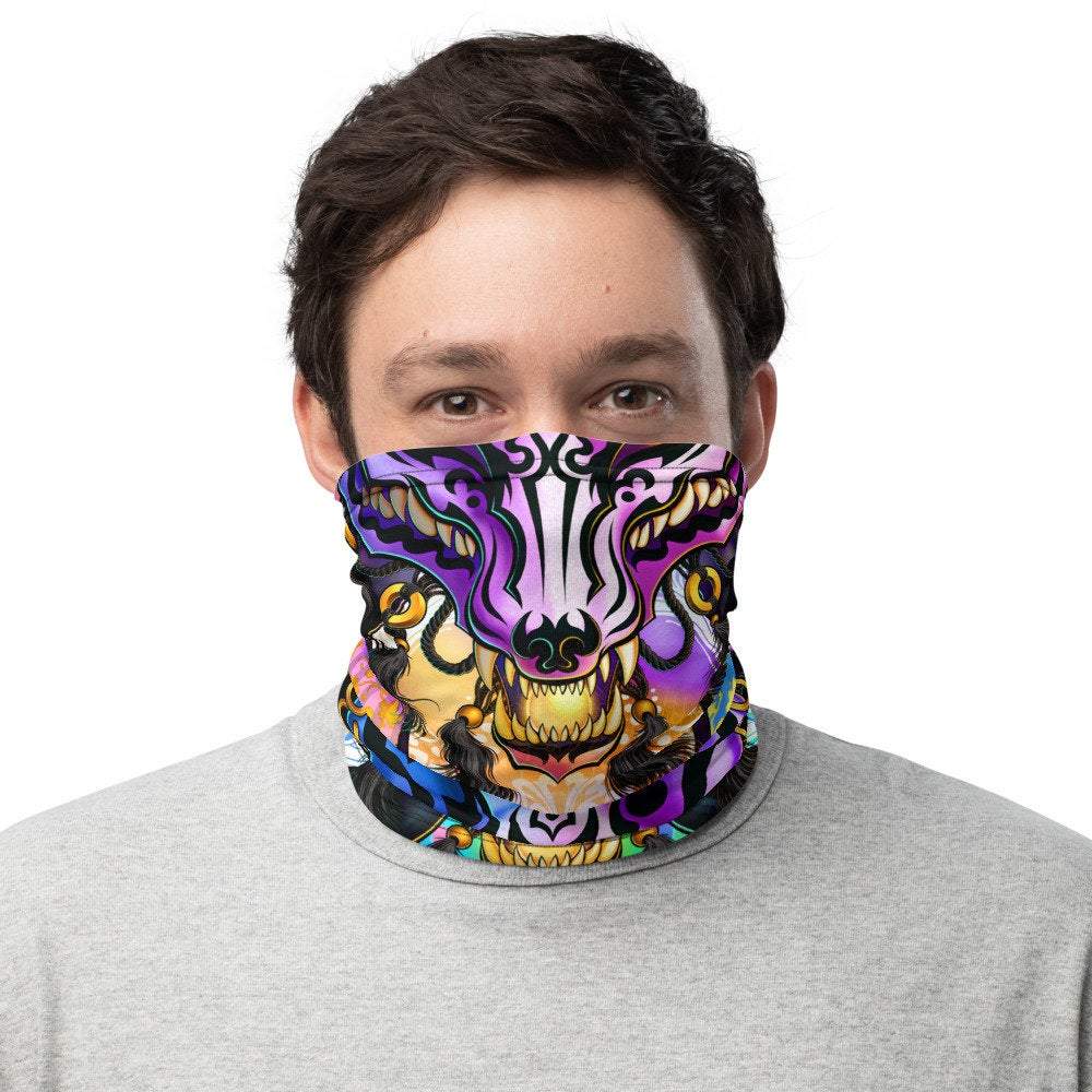 Anime Neck Gaiter, Face Mask, Head Covering, Rave Outfit, Black Kitsune, Japanese, Fox, Okami, Gamer Gift - Holographic Pastel Punk - Abysm Internal