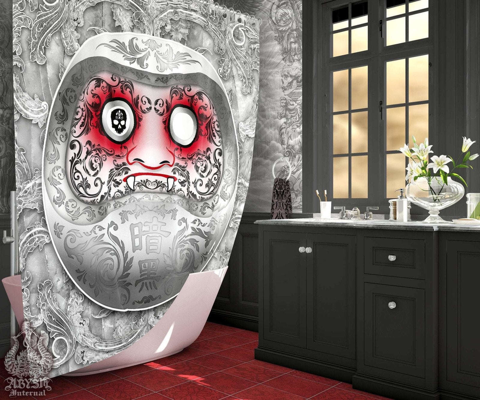 Anime Shower Curtain, Alternative Bathroom Decor, Funny Japanese Daruma - White Goth - Abysm Internal
