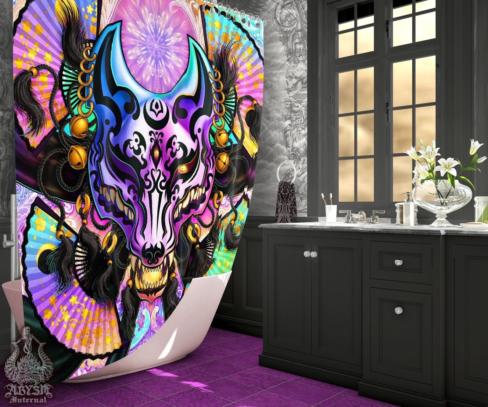 Anime Shower Curtain, Black Kitsune Mask, Okami, Anime Bathroom Decor, Fox Art, Eclectic and Funky Home - Holographic Pastel Punk - Abysm Internal