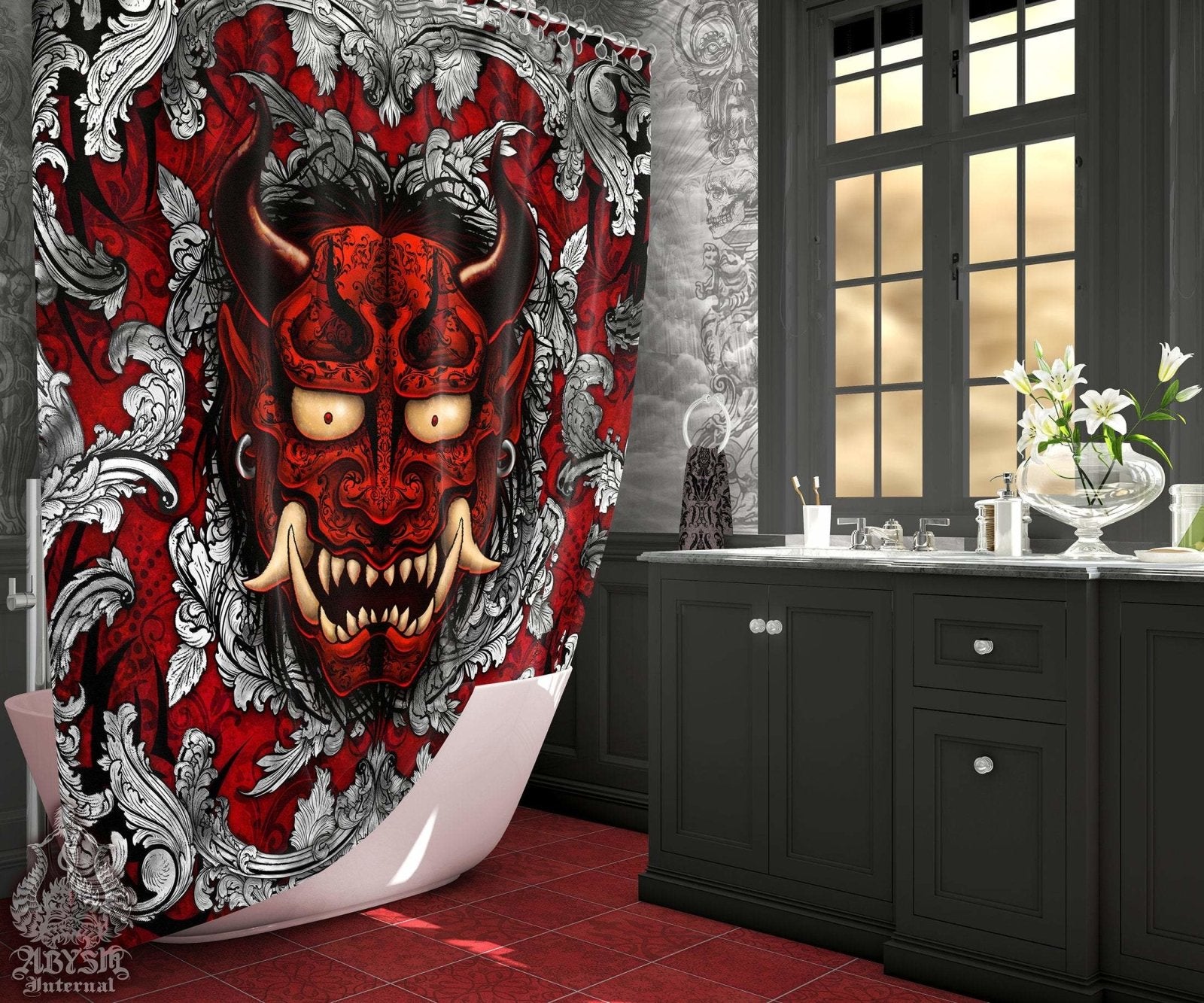 Anime Shower Curtain, Demon Bathroom Decor, Fantasy, Japanese Oni - Silver & Red - Abysm Internal