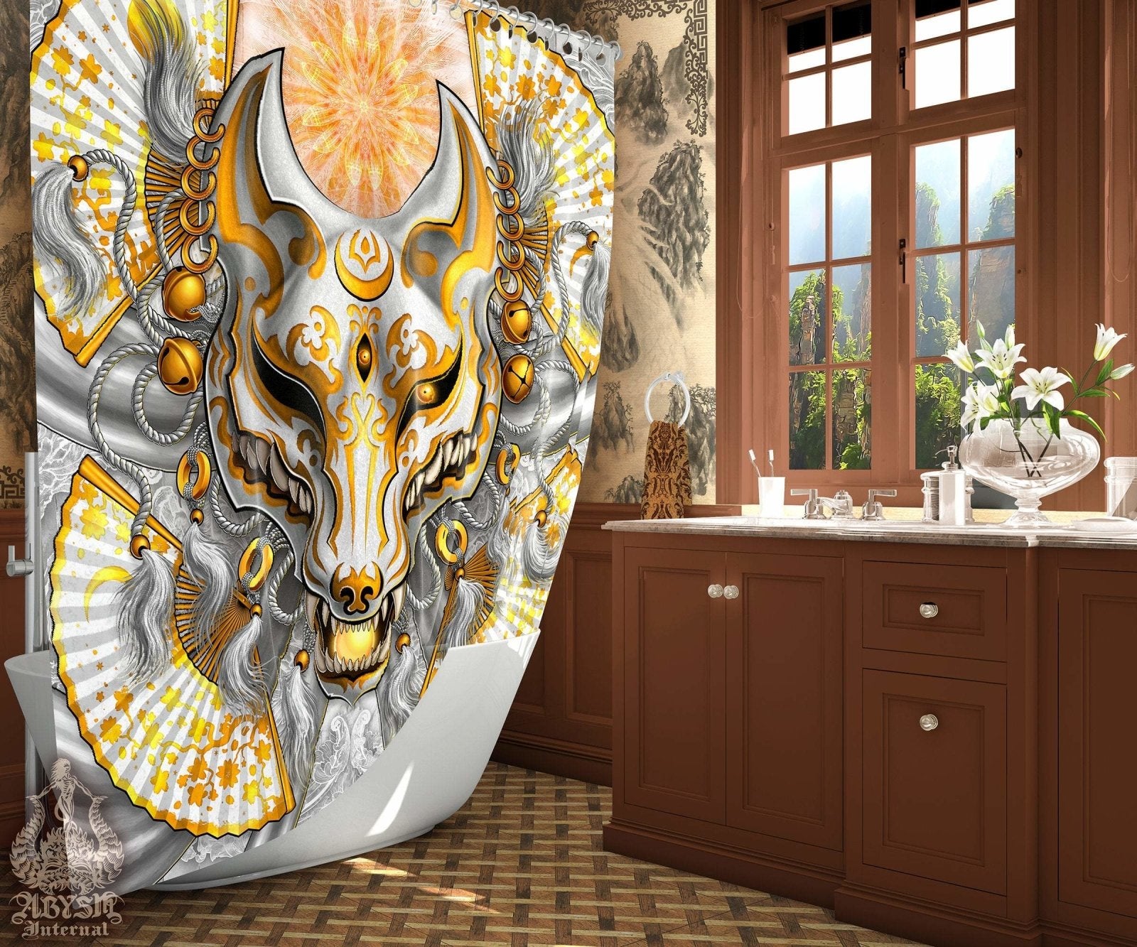 Anime Shower Curtain, Kitsune Mask, Okami, Fantasy and Gamer Bathroom Decor, Fox Art - White & Gold - Abysm Internal