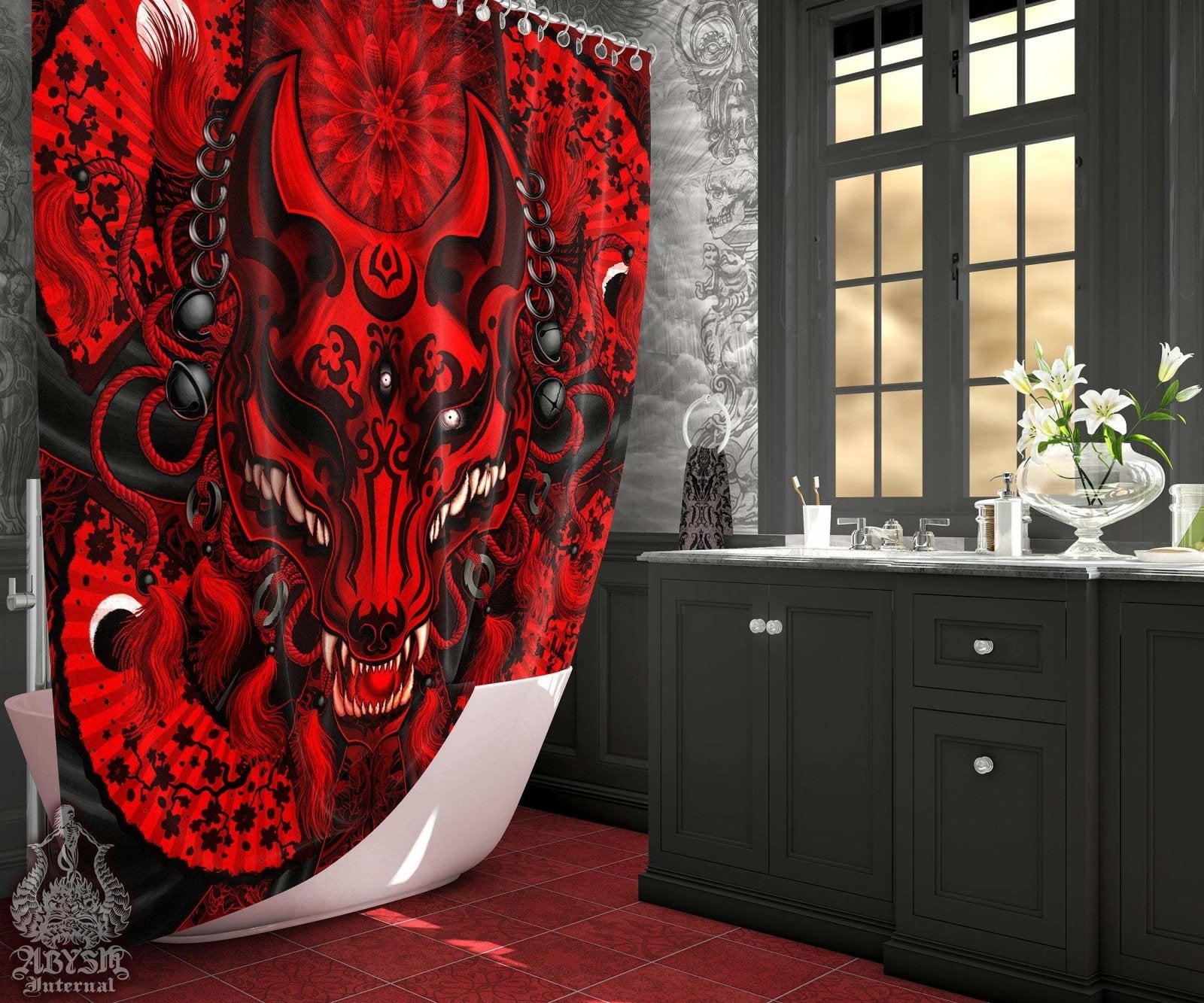 Anime Shower Curtain, Kitsune Mask, Okami, Gothic Bathroom Decor, Fox Art - Bloody Goth Black - Abysm Internal