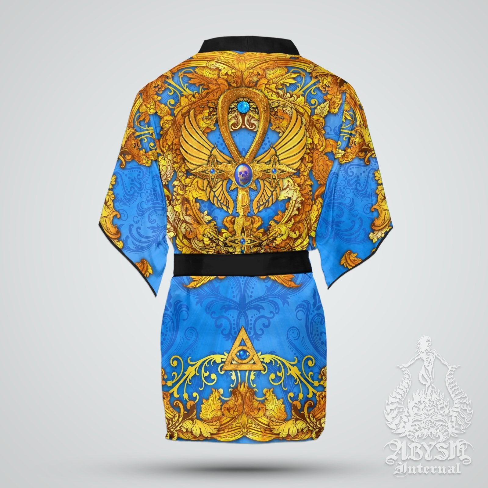 Ankh Cover Up, Beach Outfit, Party Kimono, Occult Summer Festival Robe, Indie and Alternative Clothing, Unisex - Cyan Gold - Abysm Internal