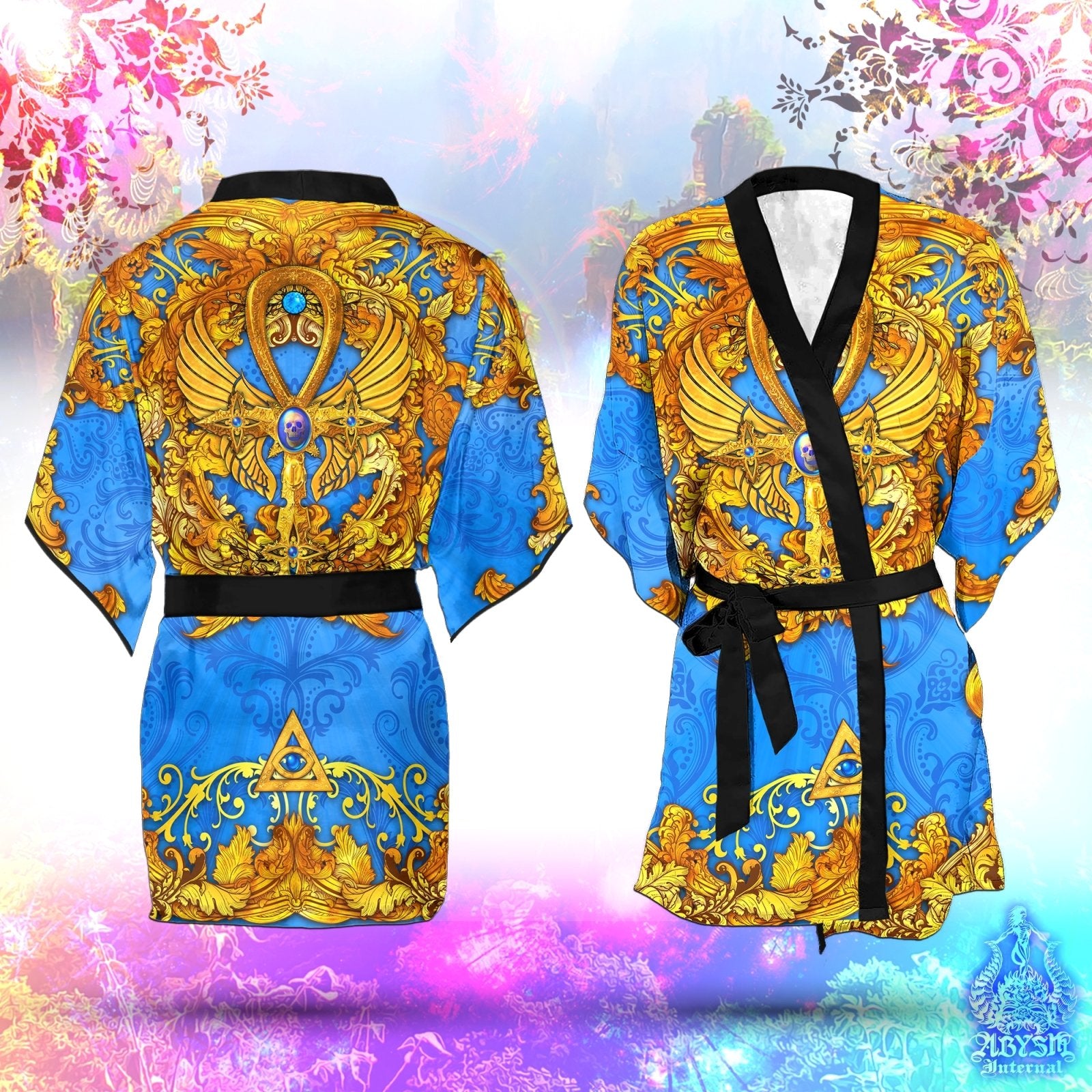 Ankh Cover Up, Beach Outfit, Party Kimono, Occult Summer Festival Robe, Indie and Alternative Clothing, Unisex - Cyan Gold - Abysm Internal