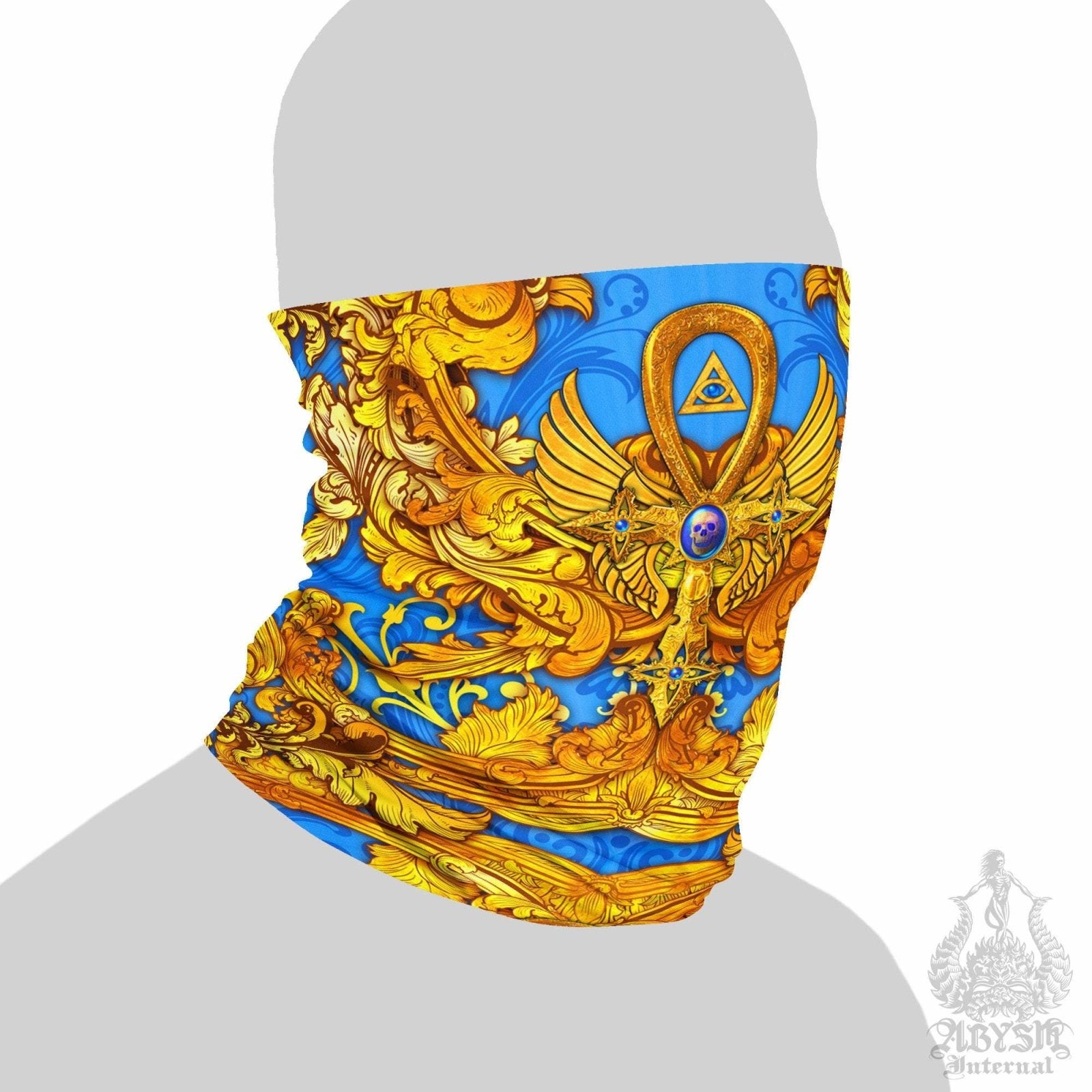 Ankh Neck Gaiter, Face Mask, Head Covering, Egyptian, Colorful Outfit - Gold Ankh Cross, Cyan - Abysm Internal