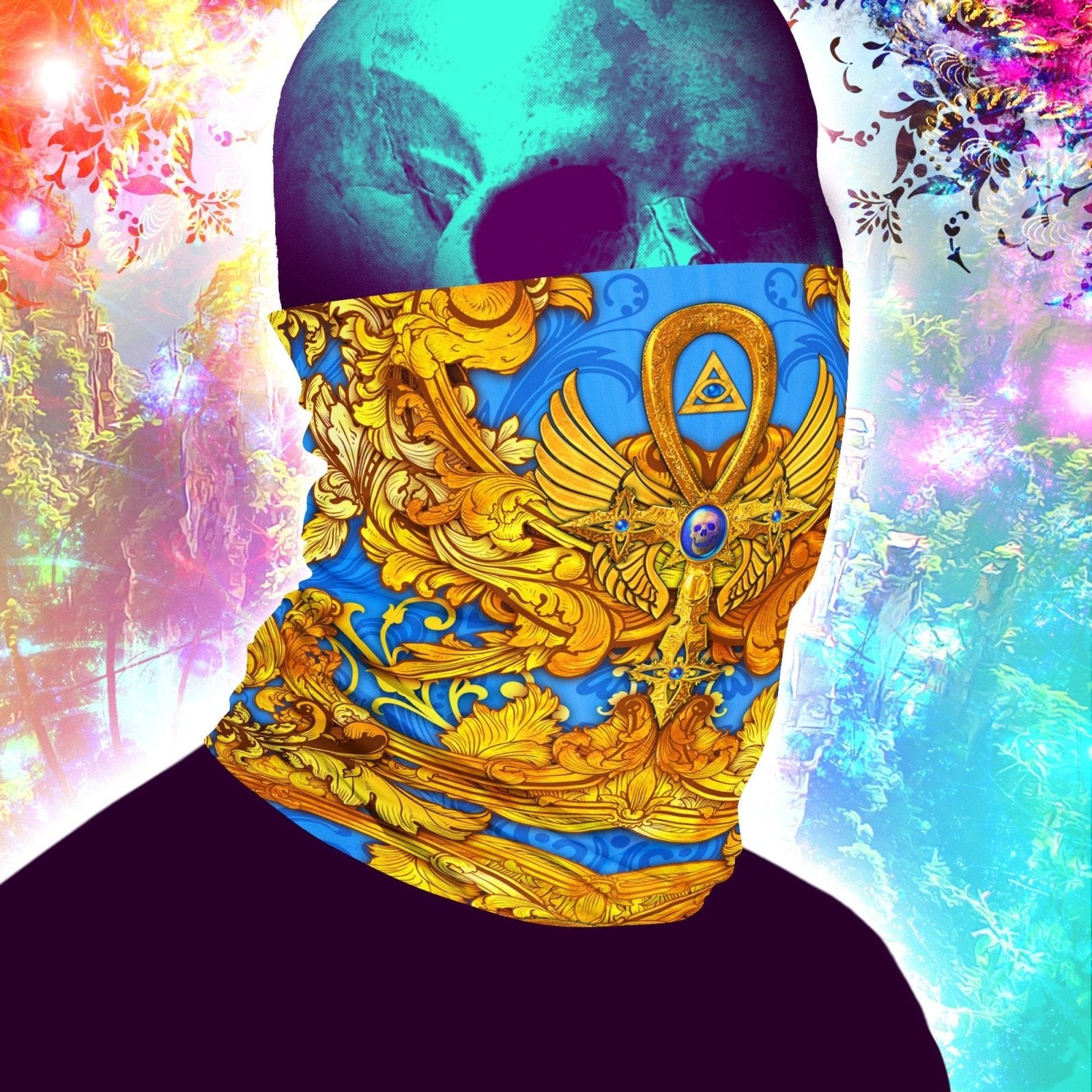 Ankh Neck Gaiter, Face Mask, Head Covering, Egyptian, Colorful Outfit - Gold Ankh Cross, Cyan - Abysm Internal