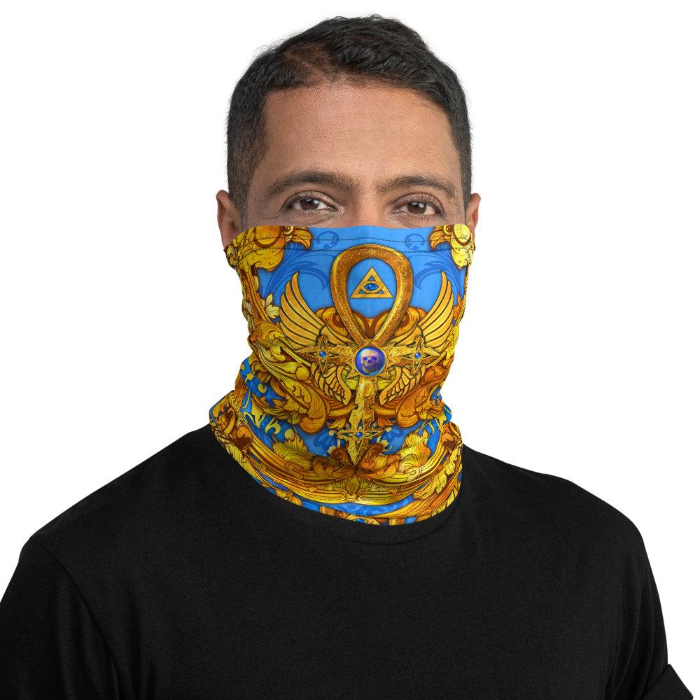 Ankh Neck Gaiter, Face Mask, Head Covering, Egyptian, Colorful Outfit - Gold Ankh Cross, Cyan - Abysm Internal