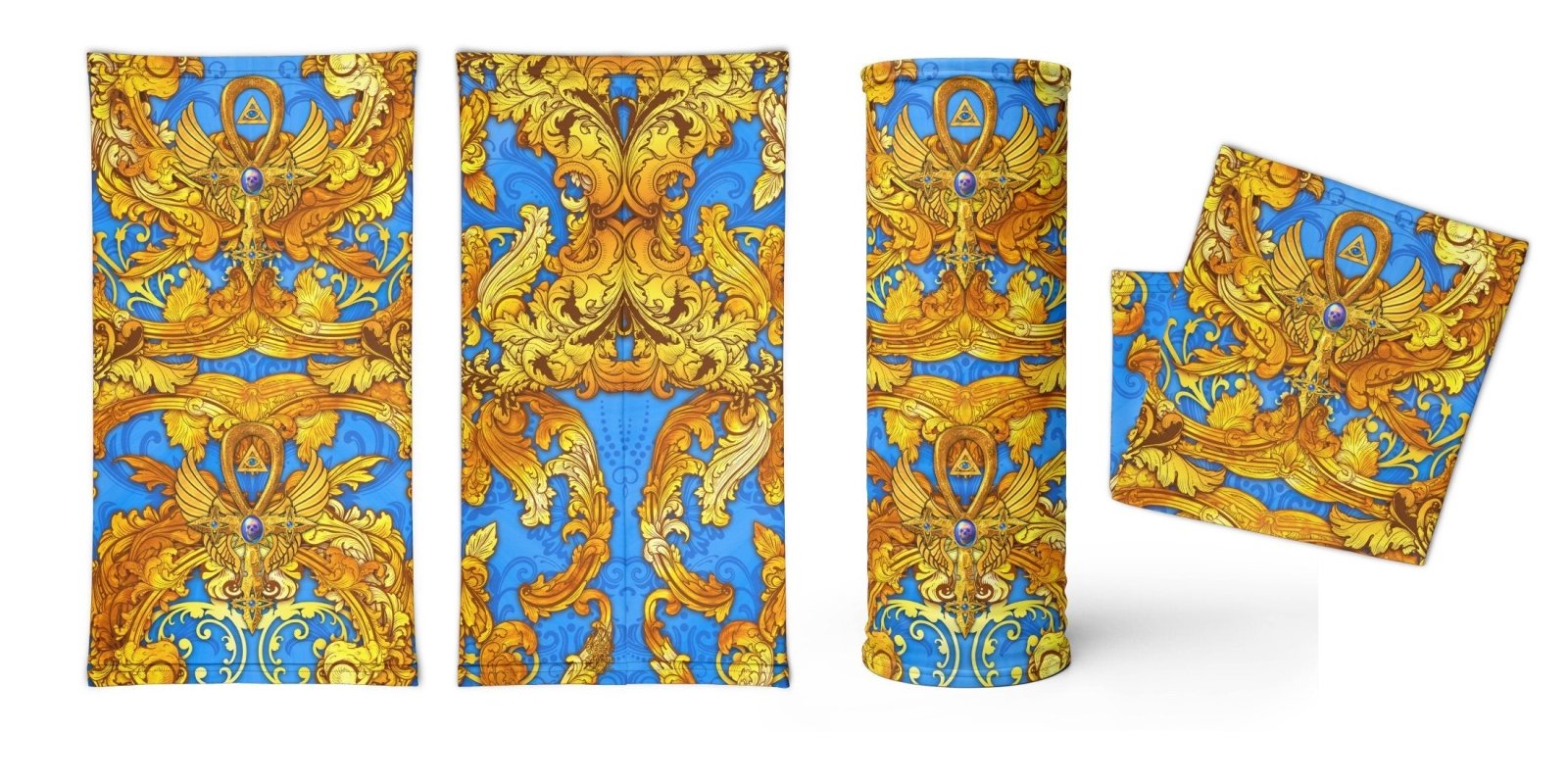 Ankh Neck Gaiter, Face Mask, Head Covering, Egyptian, Colorful Outfit - Gold Ankh Cross, Cyan - Abysm Internal