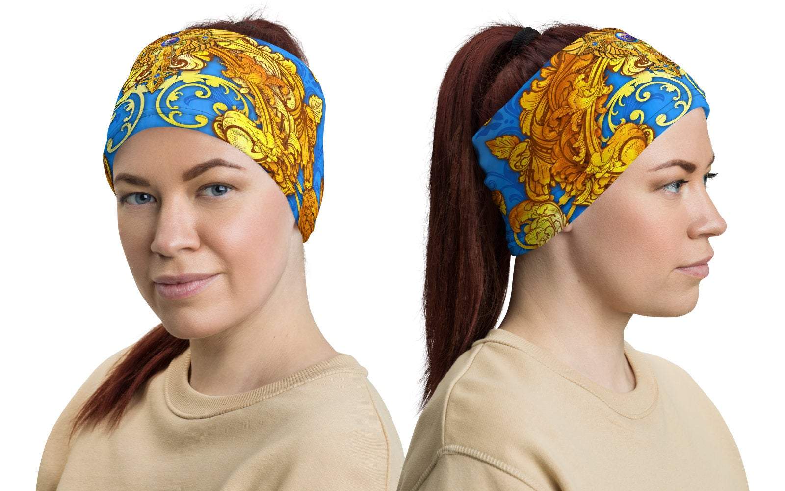 Ankh Neck Gaiter, Face Mask, Head Covering, Egyptian, Colorful Outfit - Gold Ankh Cross, Cyan - Abysm Internal