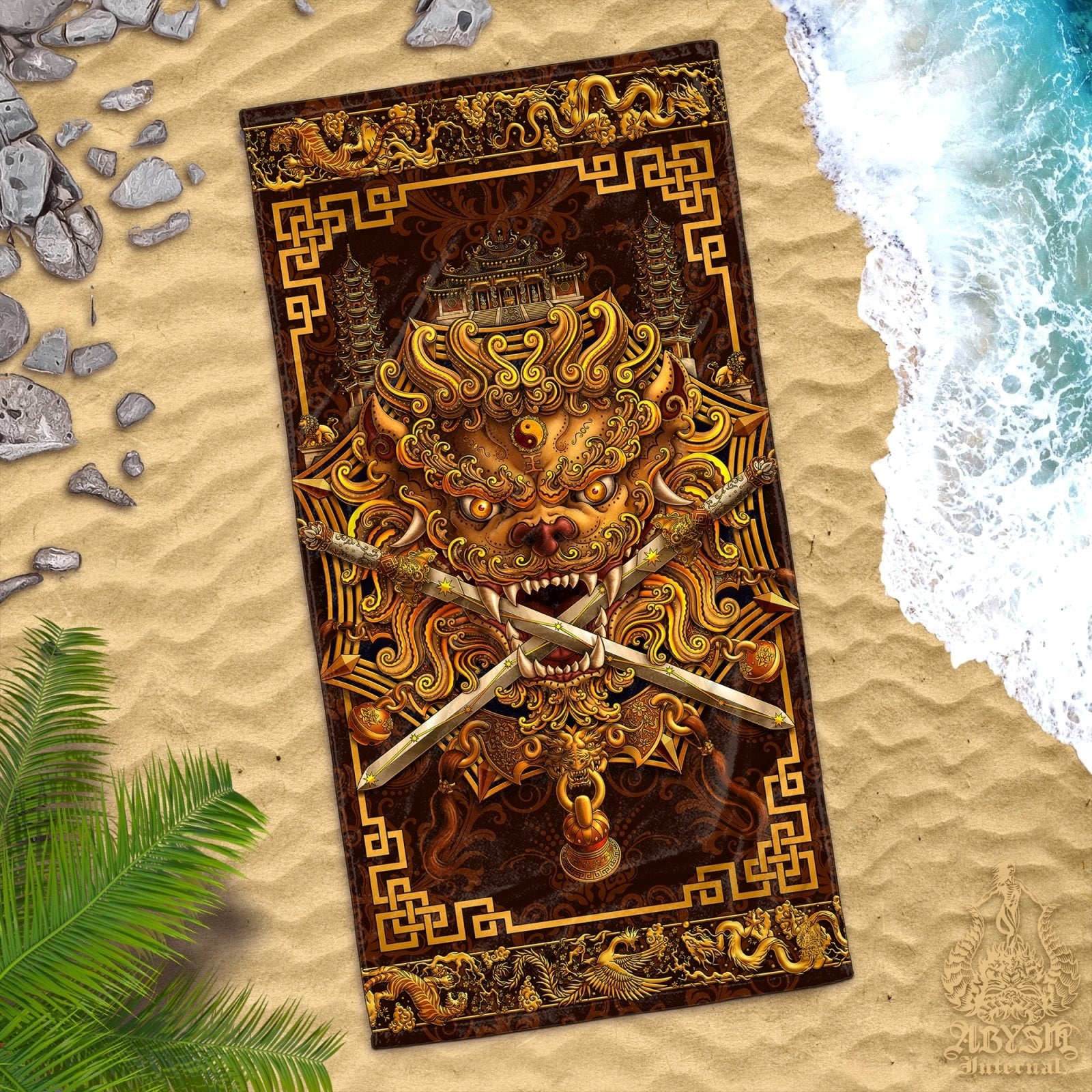 Asian Lion Beach Towel, Taiwan Sword Lion, Chinese Art, Fantasy Gift for Gamers - Gold - Abysm Internal