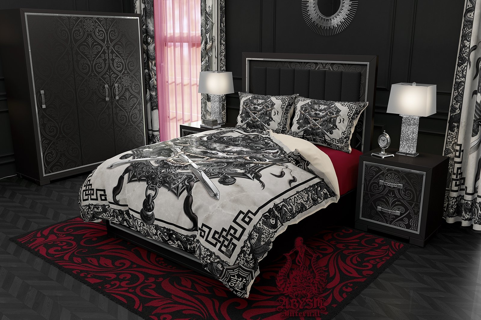 Asian Lion Bedding Set, Comforter and Duvet, Taiwan Sword Lion, Chinese Bed Cover, Gamer Bedroom, Alternative Decor, King, Queen and Twin Size - Black & White Goth - Abysm Internal
