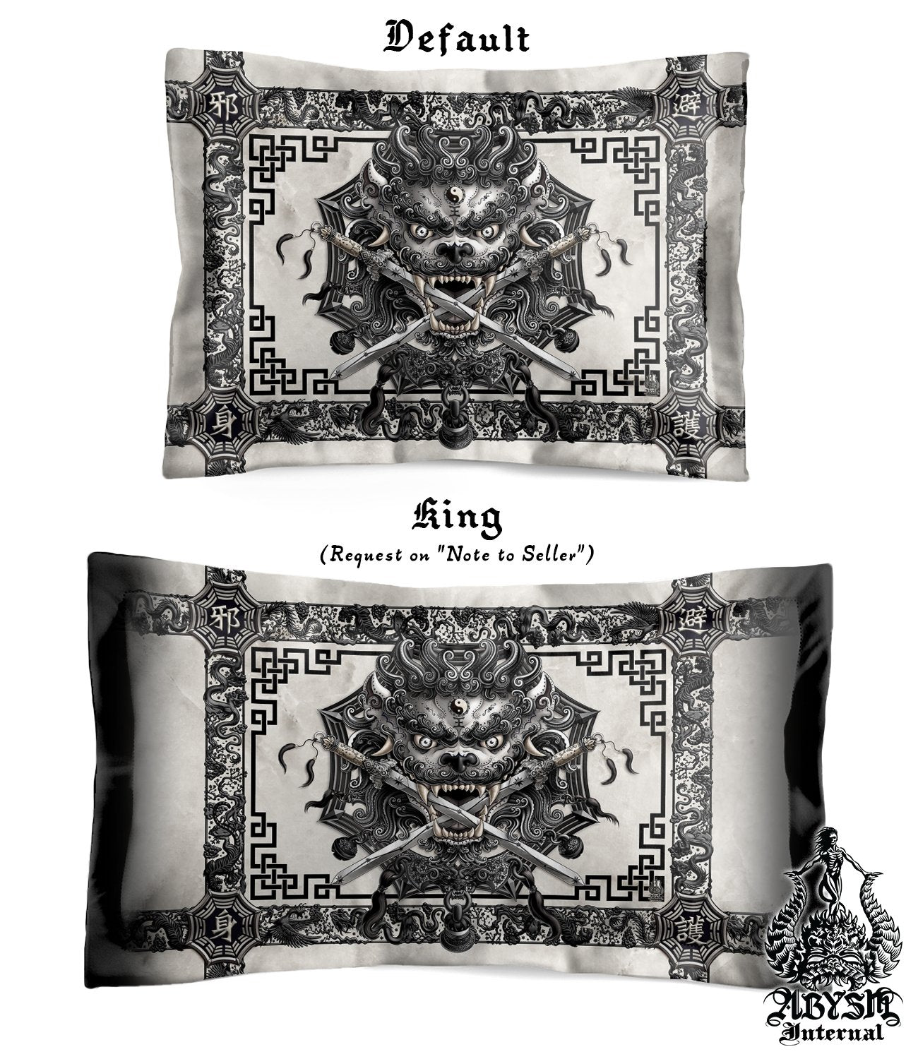 Asian Lion Bedding Set, Comforter and Duvet, Taiwan Sword Lion, Chinese Bed Cover, Gamer Bedroom, Alternative Decor, King, Queen and Twin Size - Black & White Goth - Abysm Internal
