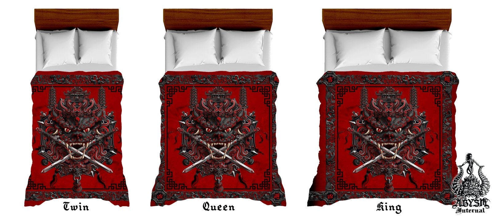 Asian Lion Bedding Set, Comforter and Duvet, Taiwan Sword Lion, Chinese Bed Cover, Gamer Bedroom, Alternative Decor, King, Queen and Twin Size - Bloody Gothic - Abysm Internal