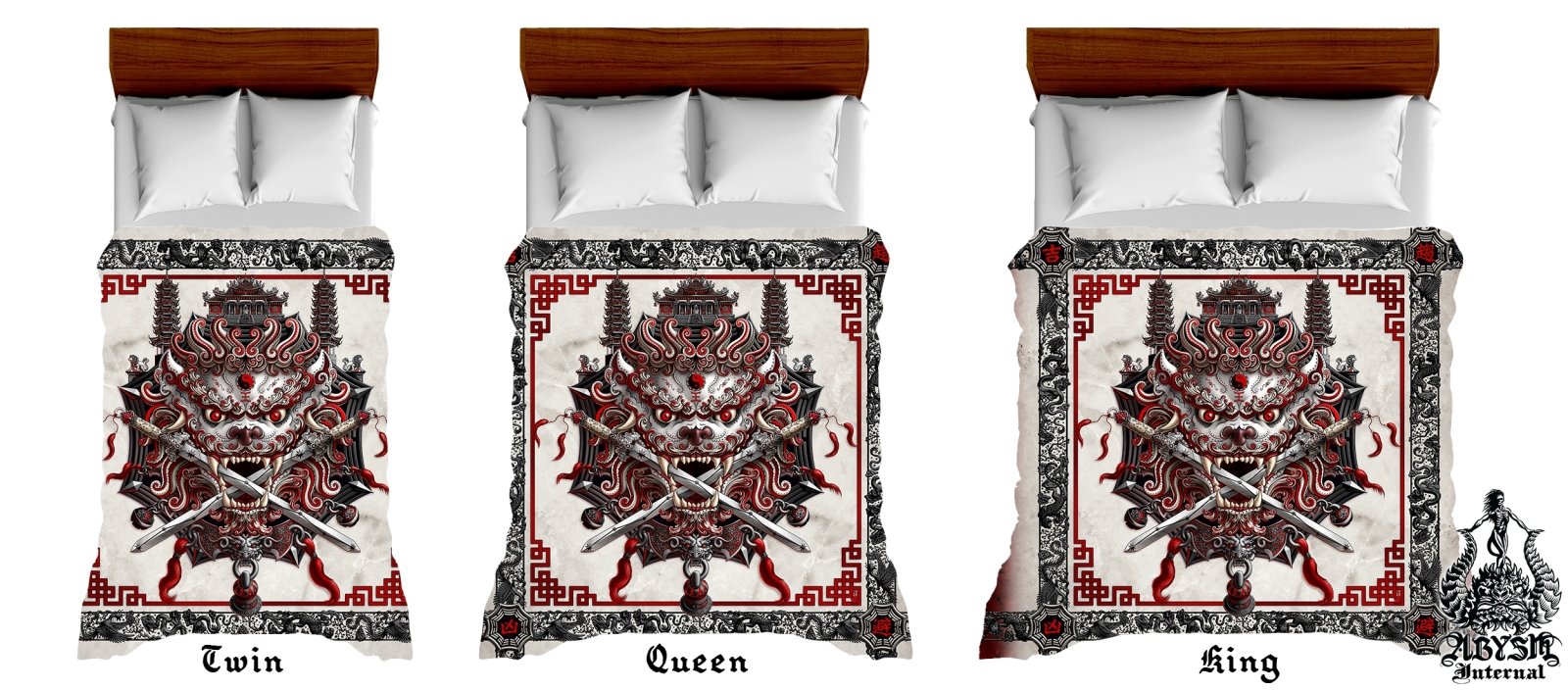 Asian Lion Bedding Set, Comforter and Duvet, Taiwan Sword Lion, Chinese Bed Cover, Gamer Bedroom, Alternative Decor, King, Queen and Twin Size - Bloody White Goth - Abysm Internal