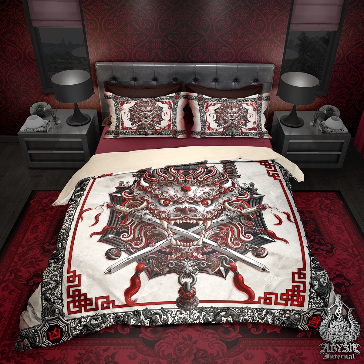 Asian Lion Bedding Set, Comforter and Duvet, Taiwan Sword Lion, Chinese Bed Cover, Gamer Bedroom, Alternative Decor, King, Queen and Twin Size - Bloody White Goth - Abysm Internal