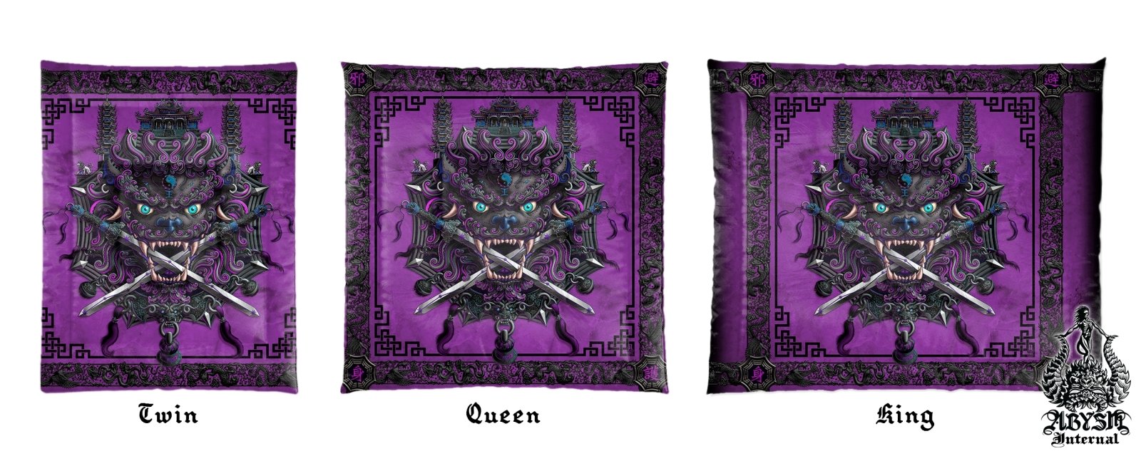Asian Lion Bedding Set, Comforter and Duvet, Taiwan Sword Lion, Chinese Bed Cover, Gamer Bedroom, Alternative Decor, King, Queen and Twin Size - Pastel Goth - Abysm Internal
