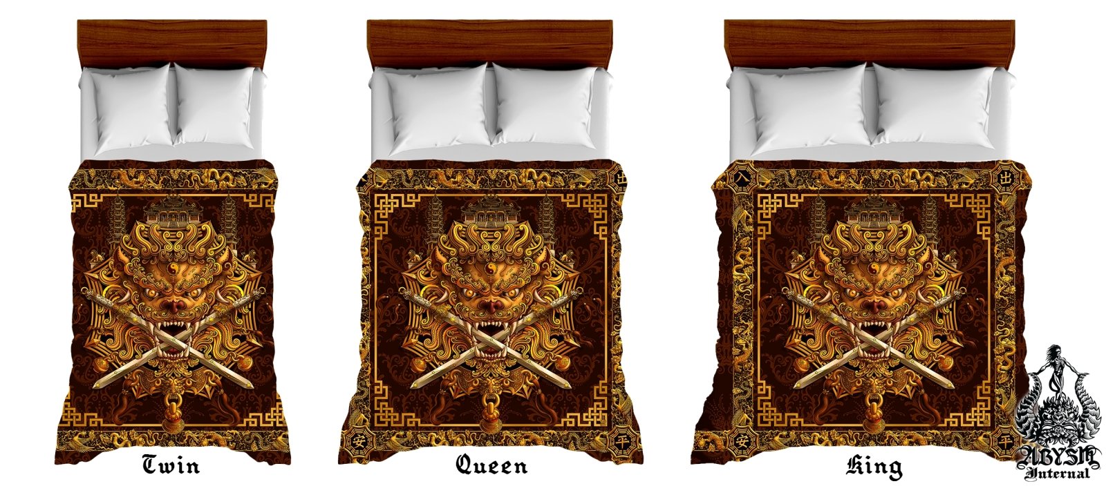 Asian Lion Bedding Set, Comforter and Duvet, Taiwan Sword Lion, Chinese Bed Cover, Gamer Bedroom, Indie Decor, King, Queen and Twin Size - Gold - Abysm Internal
