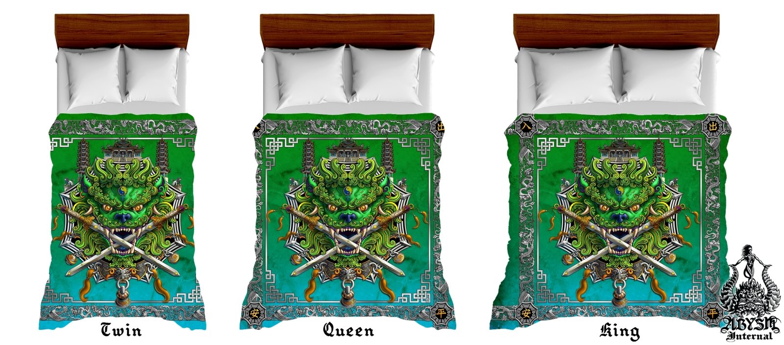 Asian Lion Bedding Set, Comforter and Duvet, Taiwan Sword Lion, Chinese Bed Cover, Gamer Bedroom, Indie Decor, King, Queen and Twin Size - Green - Abysm Internal