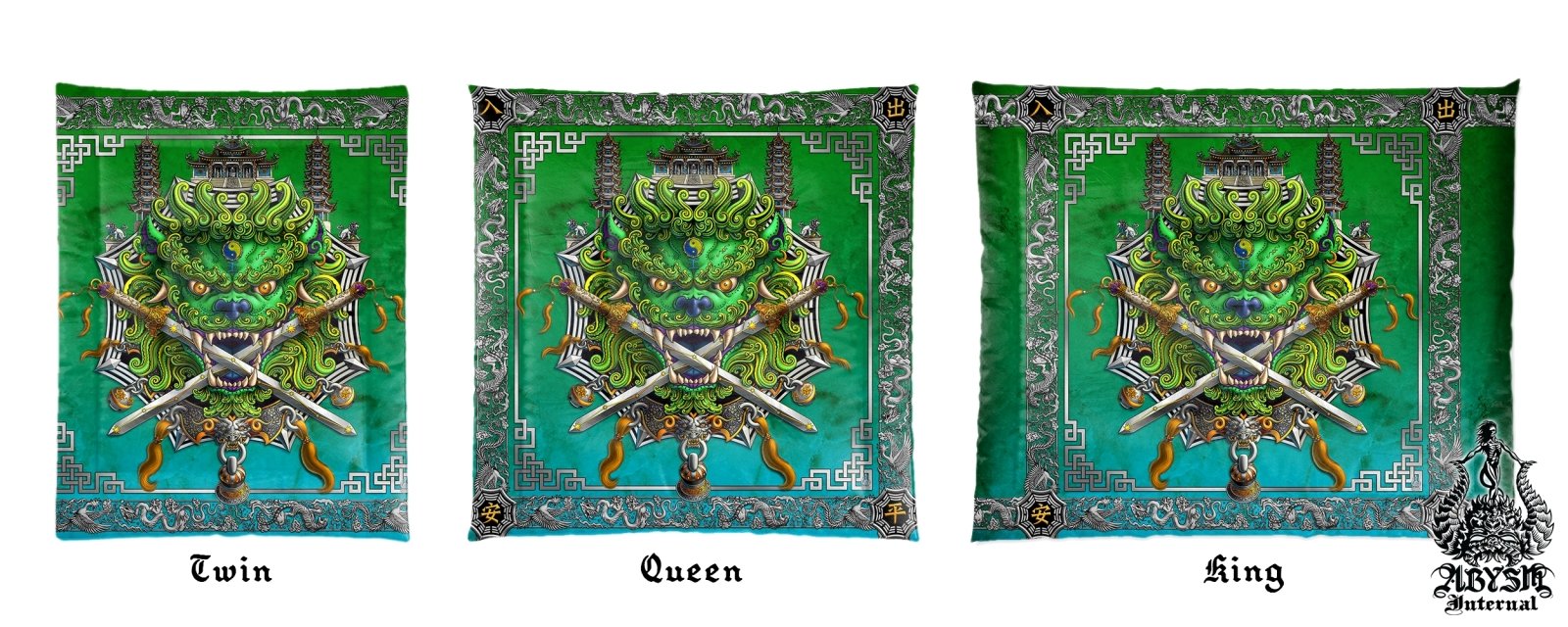 Asian Lion Bedding Set, Comforter and Duvet, Taiwan Sword Lion, Chinese Bed Cover, Gamer Bedroom, Indie Decor, King, Queen and Twin Size - Green - Abysm Internal
