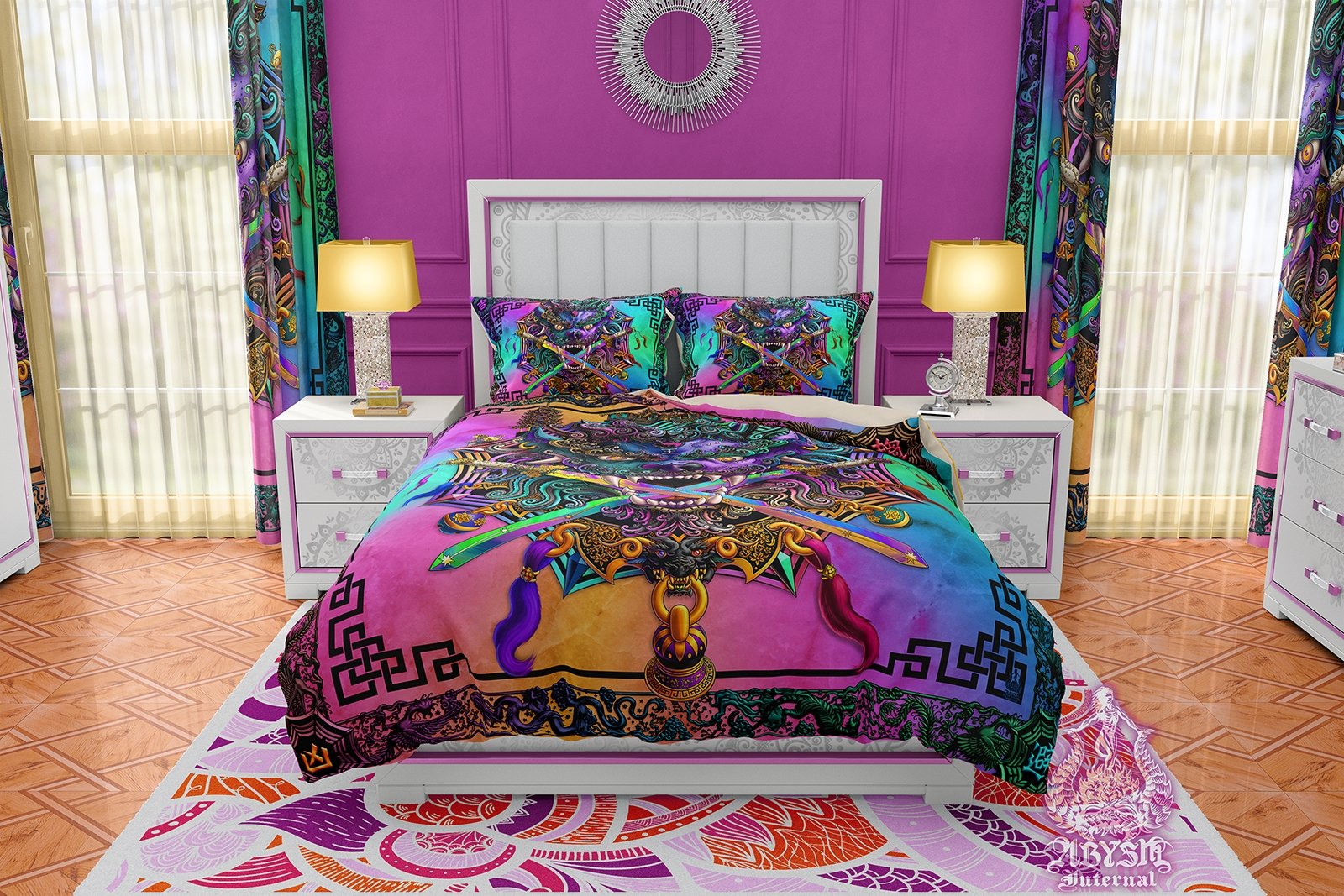 Asian Lion Bedding Set, Comforter and Duvet, Taiwan Sword Lion, Chinese Bed Cover, Gamer Bedroom, Indie Decor, King, Queen and Twin Size - Pastel Punk Black - Abysm Internal