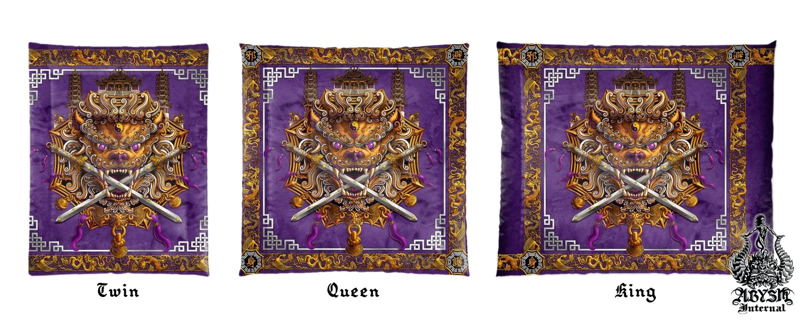 Asian Lion Bedding Set, Comforter and Duvet, Taiwan Sword Lion, Chinese Bed Cover, Gamer Bedroom, Indie Decor, King, Queen and Twin Size - Purple White & Gold - Abysm Internal