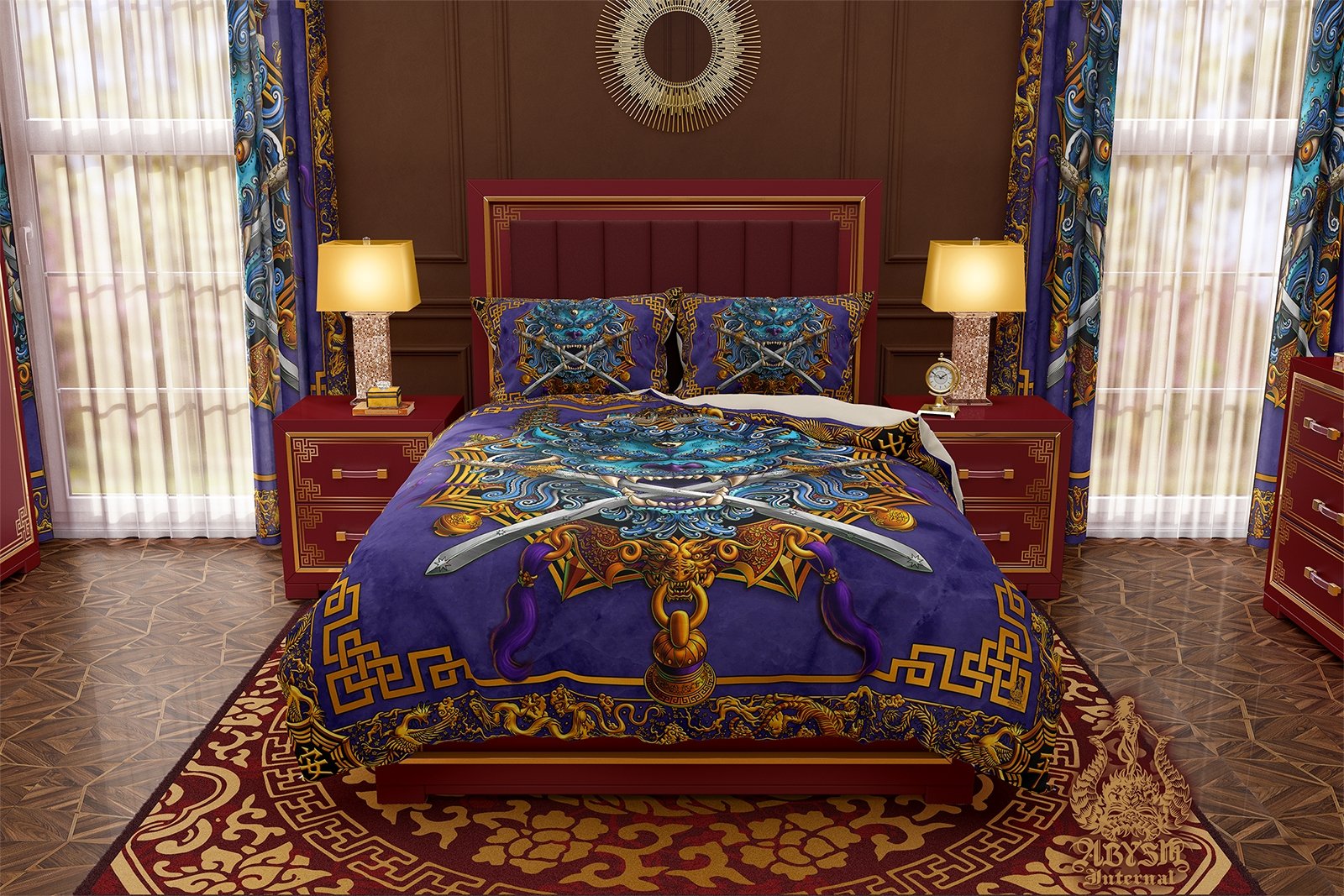 Asian Lion Bedding Set, Comforter and Duvet, Taiwan Sword Lion, Chinese Bed Cover, Gamer Bedroom, Indie Decor, King, Queen and Twin Size - Traditional Blue - Abysm Internal