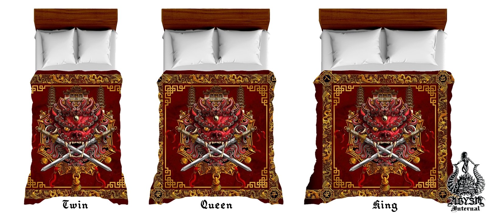 Asian Lion Bedding Set, Comforter and Duvet, Taiwan Sword Lion, Chinese Bed Cover, Gamer Bedroom, Indie Decor, King, Queen and Twin Size - Traditional Red - Abysm Internal