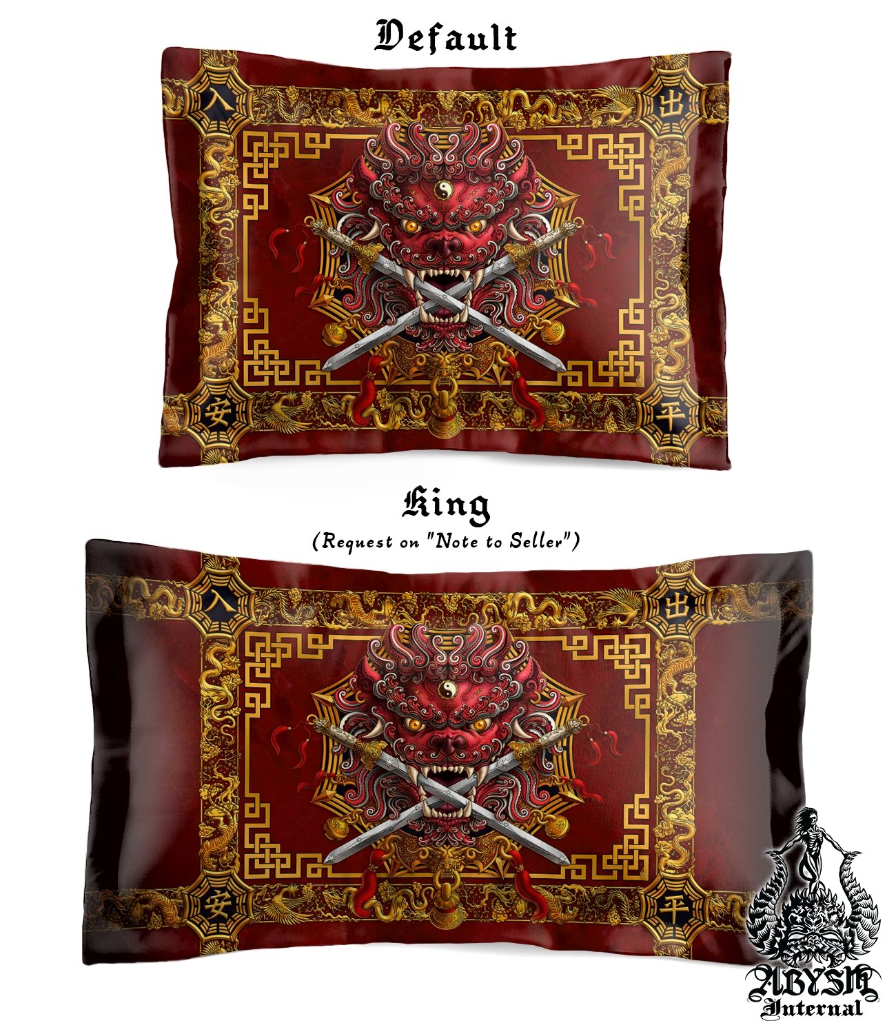 Asian Lion Bedding Set, Comforter and Duvet, Taiwan Sword Lion, Chinese Bed Cover, Gamer Bedroom, Indie Decor, King, Queen and Twin Size - Traditional Red - Abysm Internal