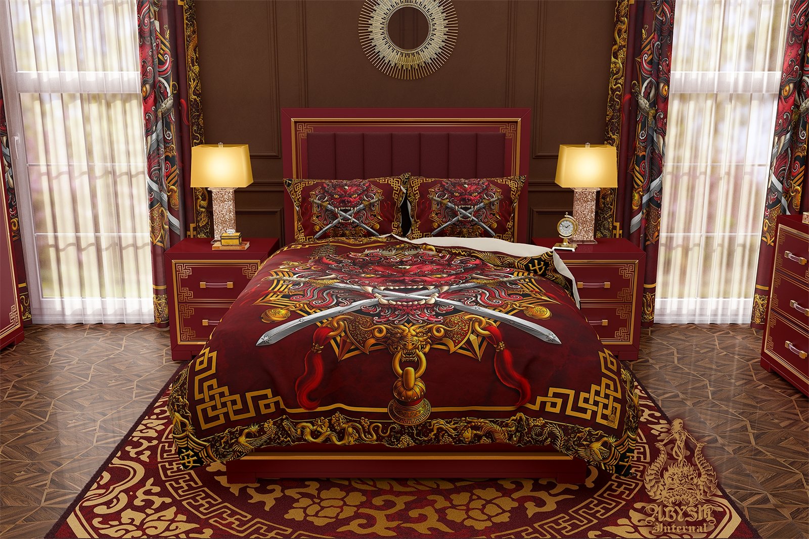 Asian Lion Bedding Set, Comforter and Duvet, Taiwan Sword Lion, Chinese Bed Cover, Gamer Bedroom, Indie Decor, King, Queen and Twin Size - Traditional Red - Abysm Internal