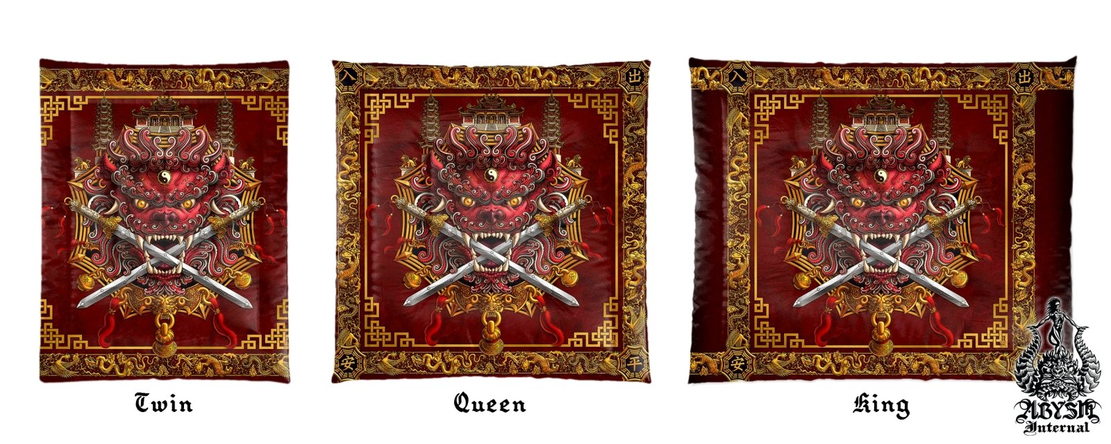 Asian Lion Bedding Set, Comforter and Duvet, Taiwan Sword Lion, Chinese Bed Cover, Gamer Bedroom, Indie Decor, King, Queen and Twin Size - Traditional Red - Abysm Internal