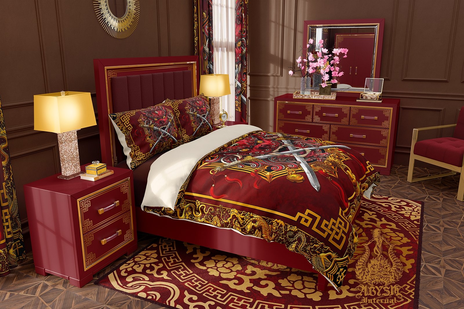 Asian Lion Bedding Set, Comforter and Duvet, Taiwan Sword Lion, Chinese Bed Cover, Gamer Bedroom, Indie Decor, King, Queen and Twin Size - Traditional Red - Abysm Internal