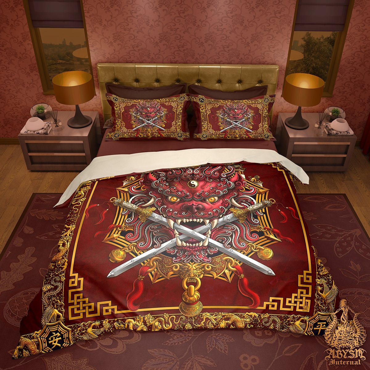 Asian Lion Bedding Set, Comforter and Duvet, Taiwan Sword Lion, Chinese Bed Cover, Gamer Bedroom, Indie Decor, King, Queen and Twin Size - Traditional Red - Abysm Internal