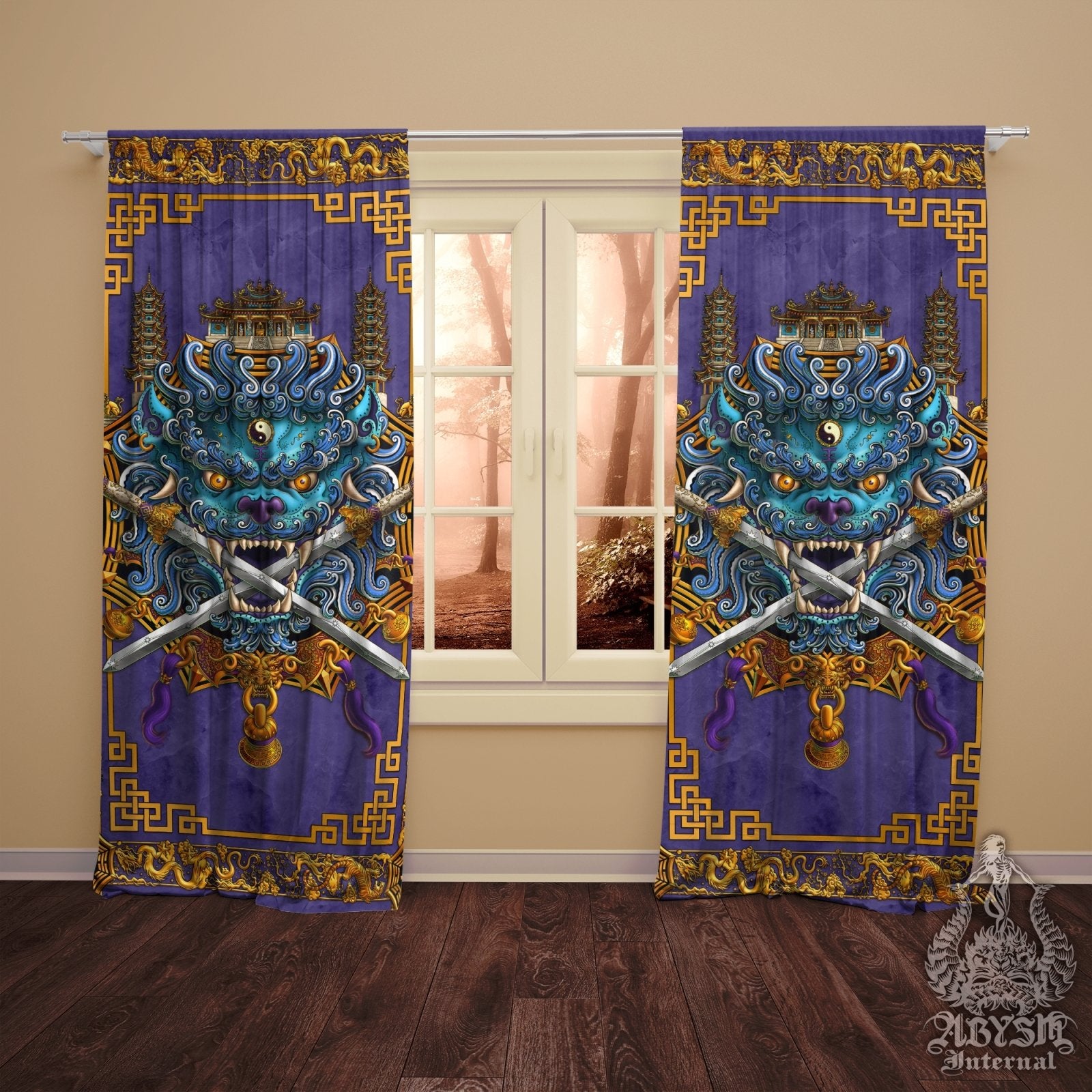 Asian Lion Blackout Curtains, Chinese Long Window Panels, Taiwan Sword Lion, Anime and Game Room Decor, Art Print - Blue and Purple - Abysm Internal
