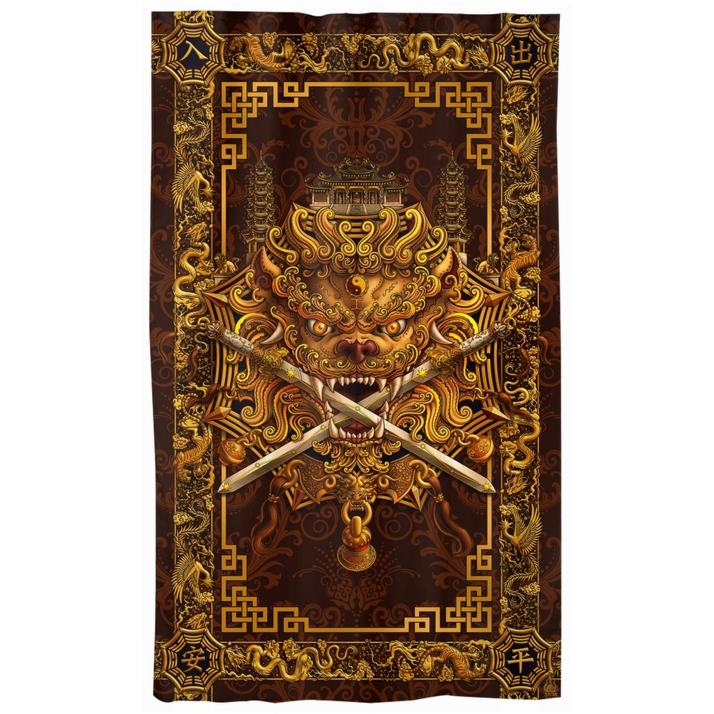 Asian Lion Blackout Curtains, Chinese Long Window Panels, Taiwan Sword Lion, Anime and Game Room Decor, Art Print - Gold - Abysm Internal