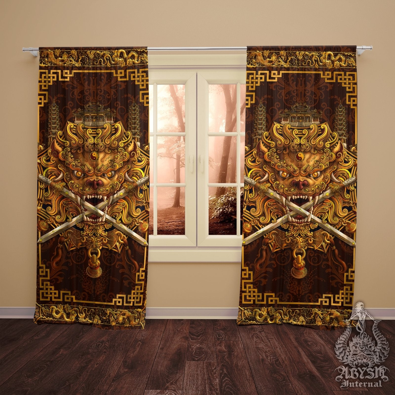 Asian Lion Blackout Curtains, Chinese Long Window Panels, Taiwan Sword Lion, Anime and Game Room Decor, Art Print - Gold - Abysm Internal