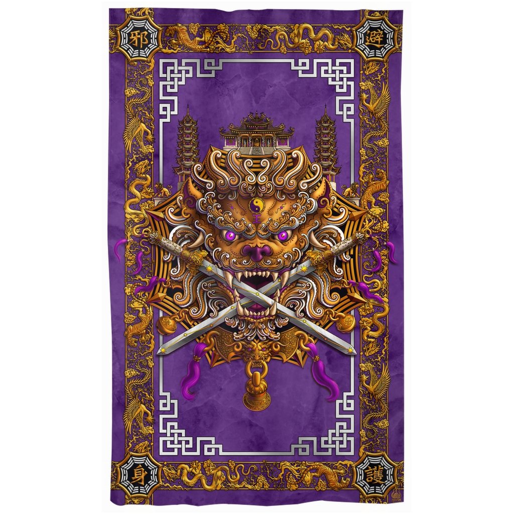 Asian Lion Blackout Curtains, Chinese Long Window Panels, Taiwan Sword Lion, Anime and Game Room Decor, Art Print - Purple White - Abysm Internal