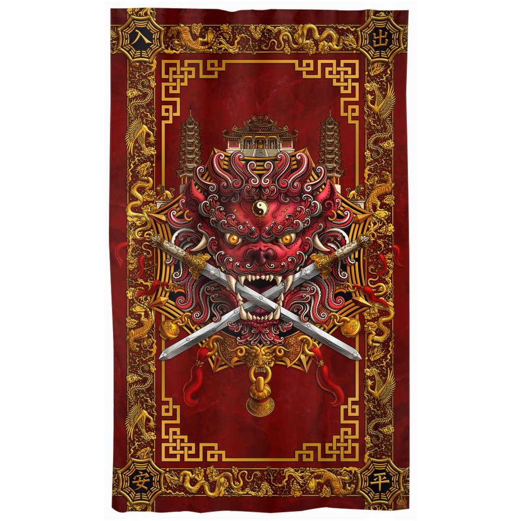Asian Lion Blackout Curtains, Chinese Long Window Panels, Taiwan Sword Lion, Anime and Game Room Decor, Art Print - Red - Abysm Internal