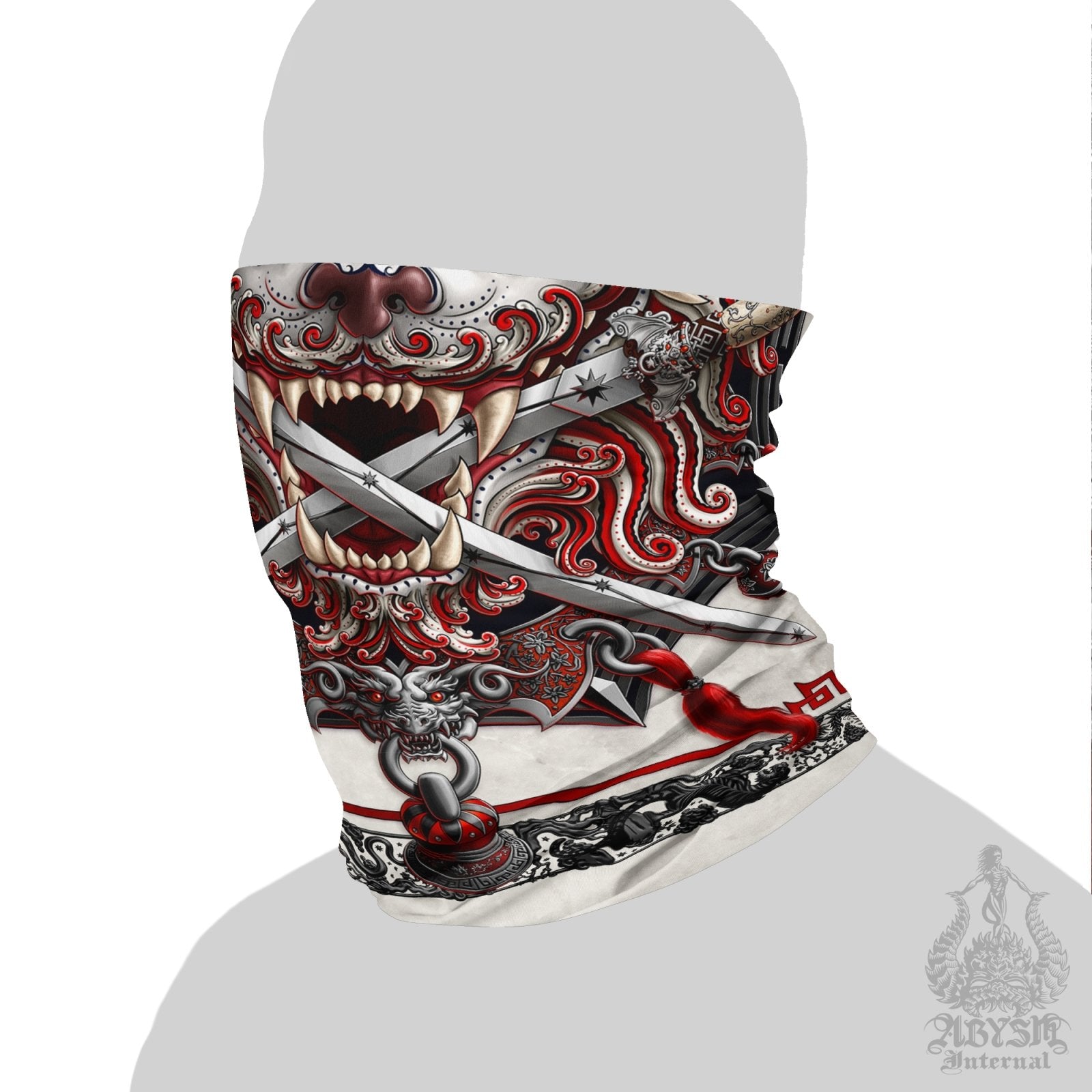 Asian Lion Neck Gaiter, Face Mask, Head Covering, Chinese Art, Taiwan Sword Lion, Anime and Gamer Gift - Bloody White Goth - Abysm Internal