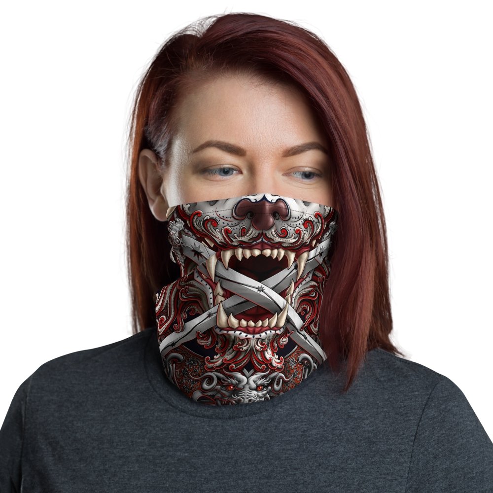 Asian Lion Neck Gaiter, Face Mask, Head Covering, Chinese Art, Taiwan Sword Lion, Anime and Gamer Gift - Bloody White Goth - Abysm Internal