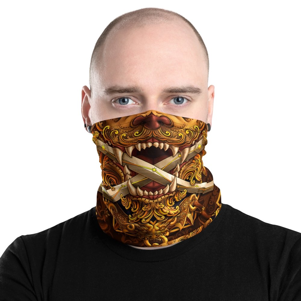 Asian Lion Neck Gaiter, Face Mask, Head Covering, Chinese Art, Taiwan Sword Lion, Anime and Gamer Gift - Gold - Abysm Internal