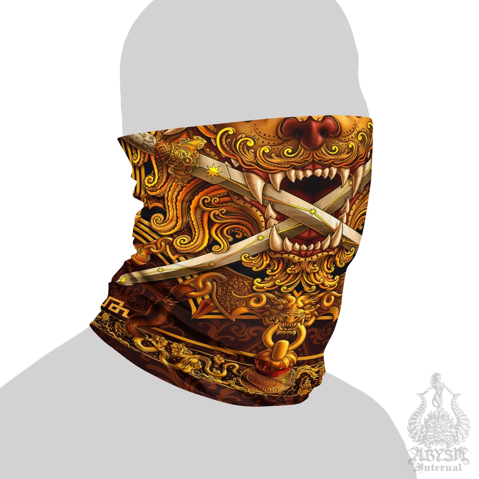 Asian Lion Neck Gaiter, Face Mask, Head Covering, Chinese Art, Taiwan Sword Lion, Anime and Gamer Gift - Gold - Abysm Internal
