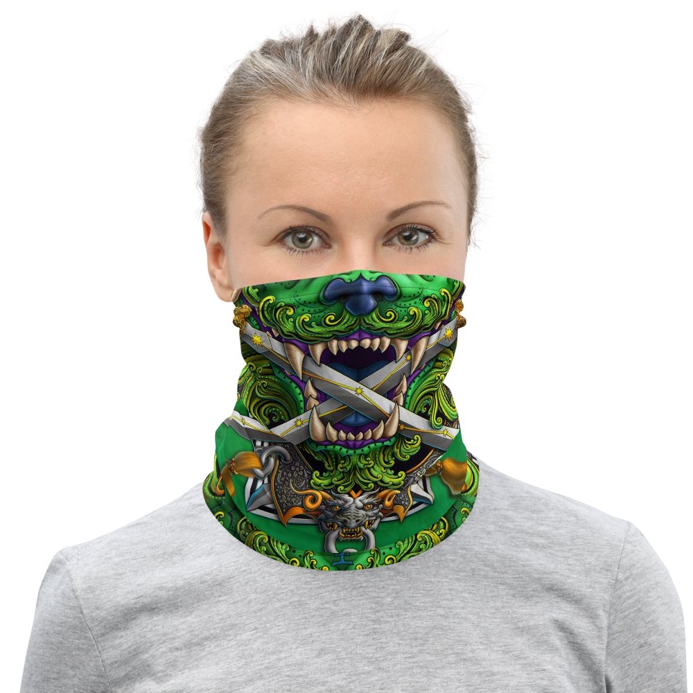 Asian Lion Neck Gaiter, Face Mask, Head Covering, Chinese Art, Taiwan Sword Lion, Anime and Gamer Gift - Green - Abysm Internal