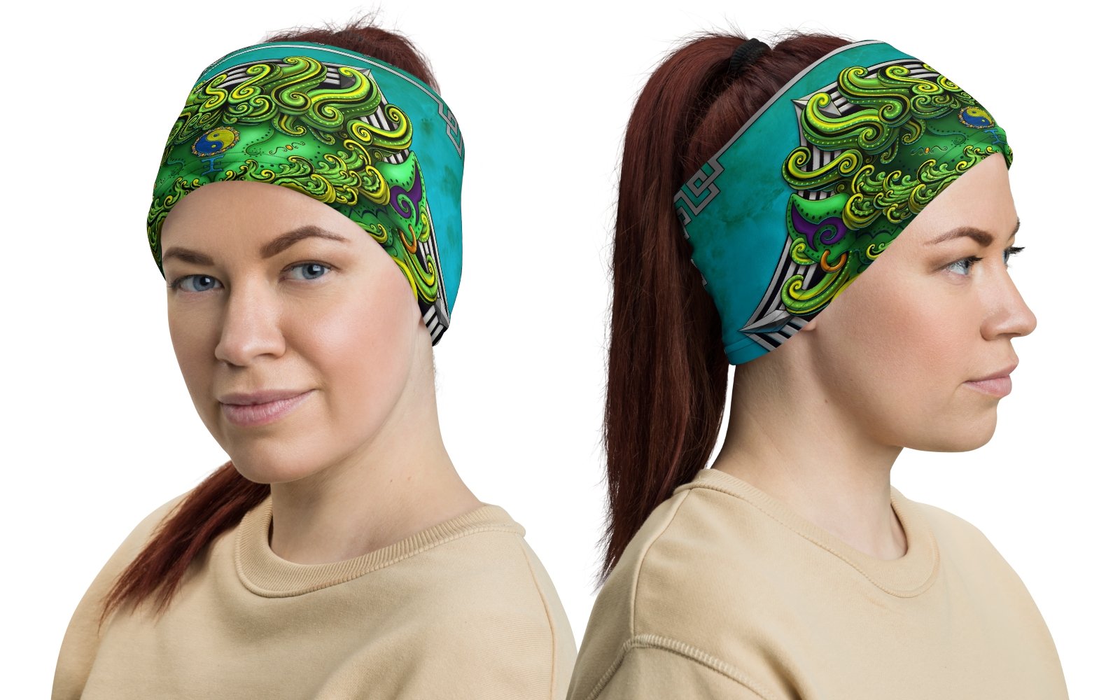 Asian Lion Neck Gaiter, Face Mask, Head Covering, Chinese Art, Taiwan Sword Lion, Anime and Gamer Gift - Green - Abysm Internal